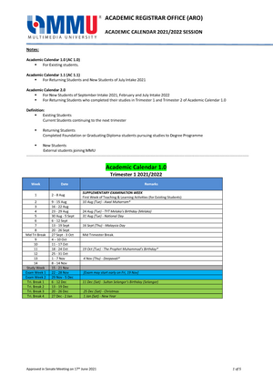 Academic-Calendar-2021 2022 Ver2 - Law Guidelines - Mmu - Studocu