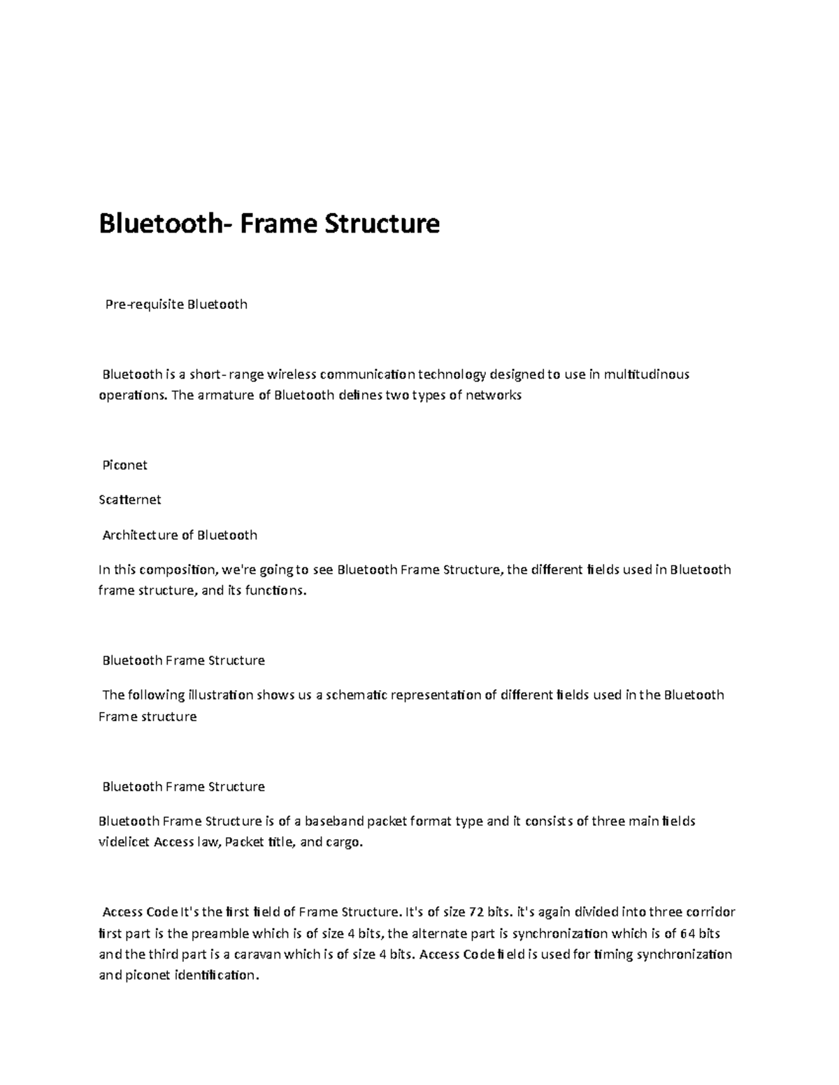 Bluetooth Frame Structure Bluetooth Frame Structure Prerequisite