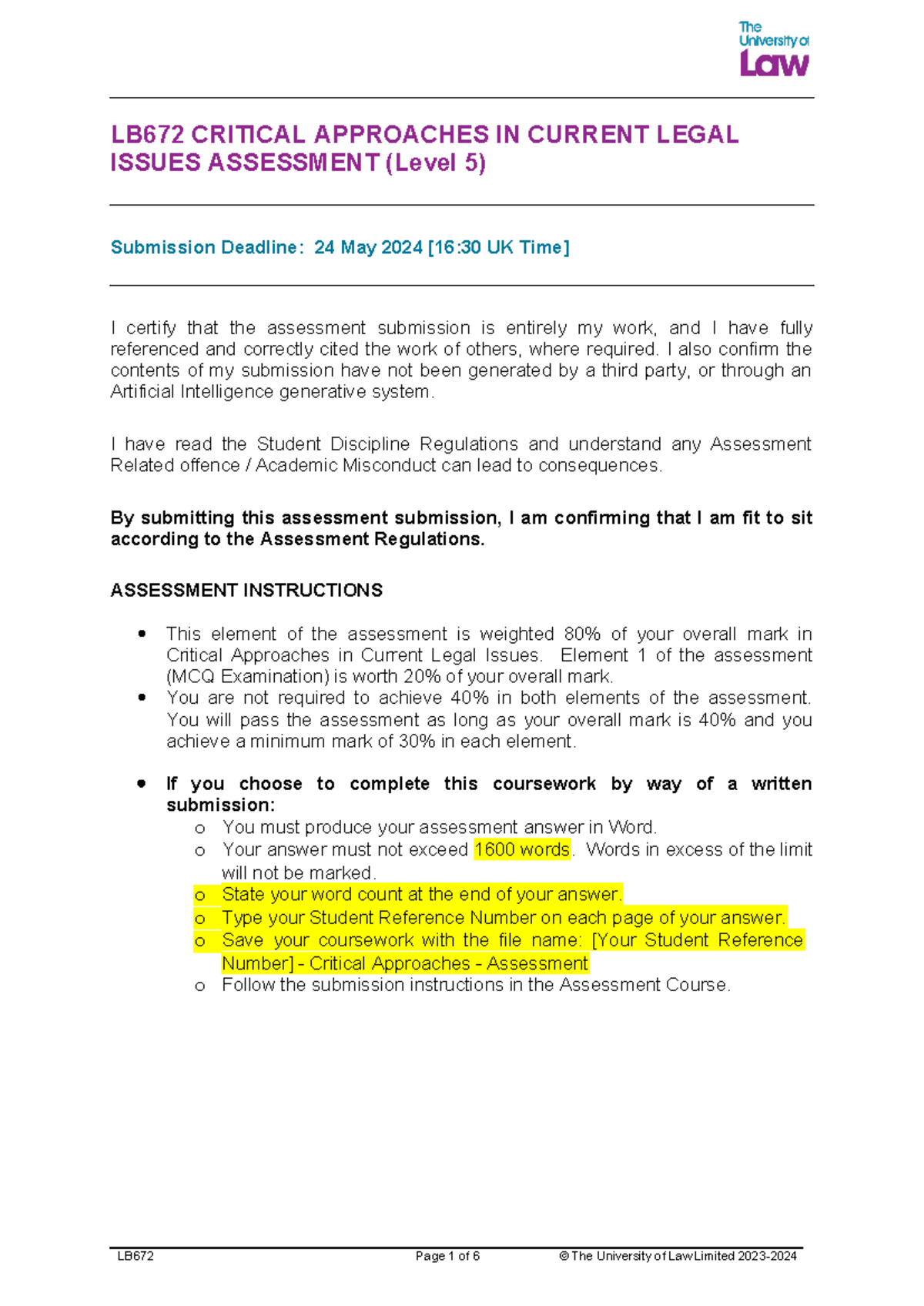 Critical APP exam 2024 LB672 CRITICAL APPROACHES IN CURRENT LEGAL