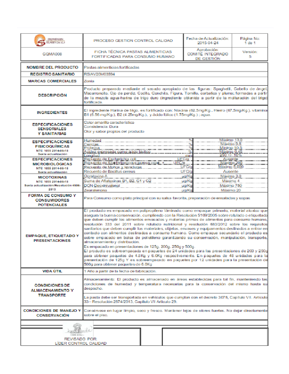 Ficha tecnica pastas zonia Economia Studocu