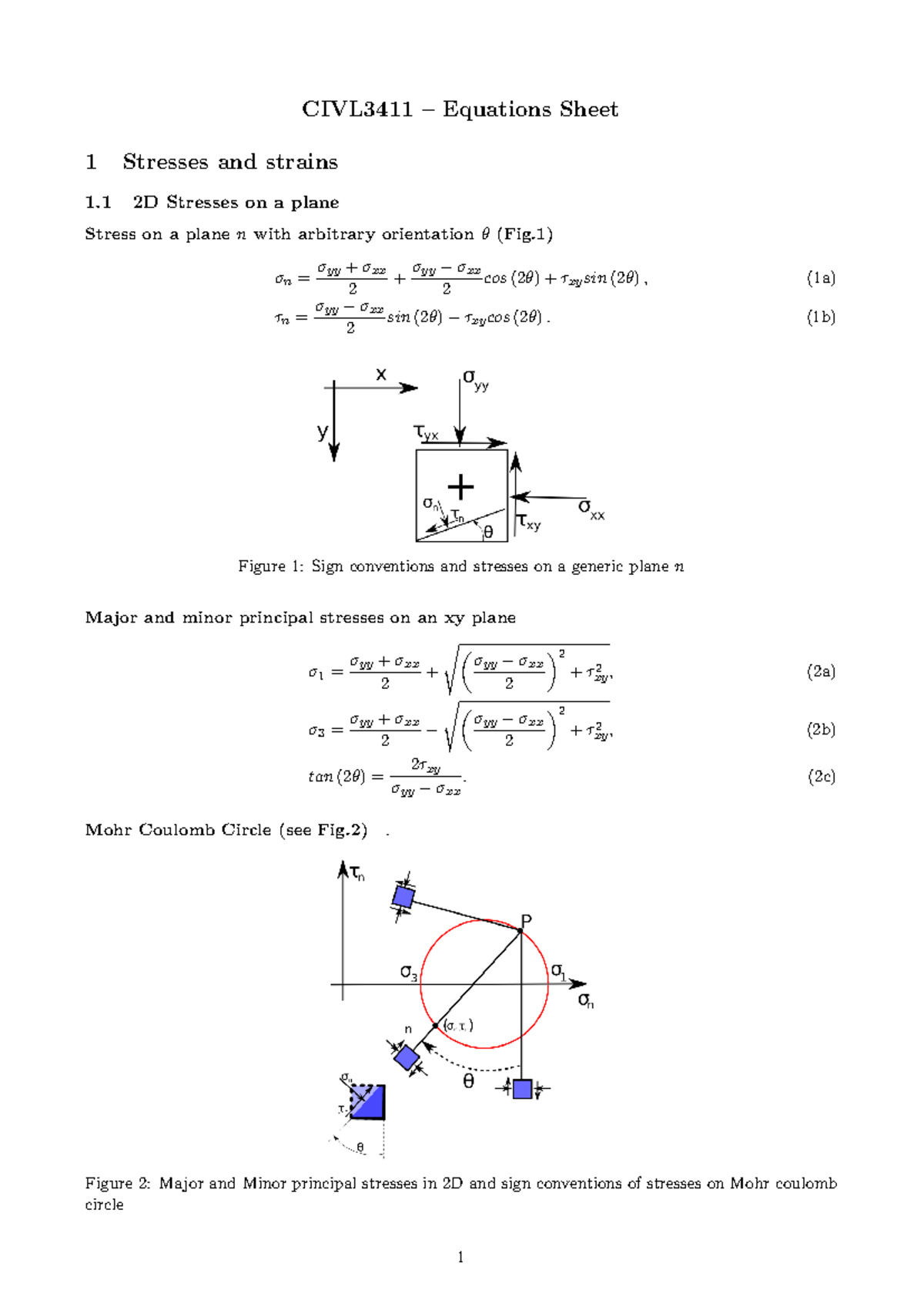 Equation sheet final exam - CIVL3411 – Equations Sheet 1 Stresses and ...