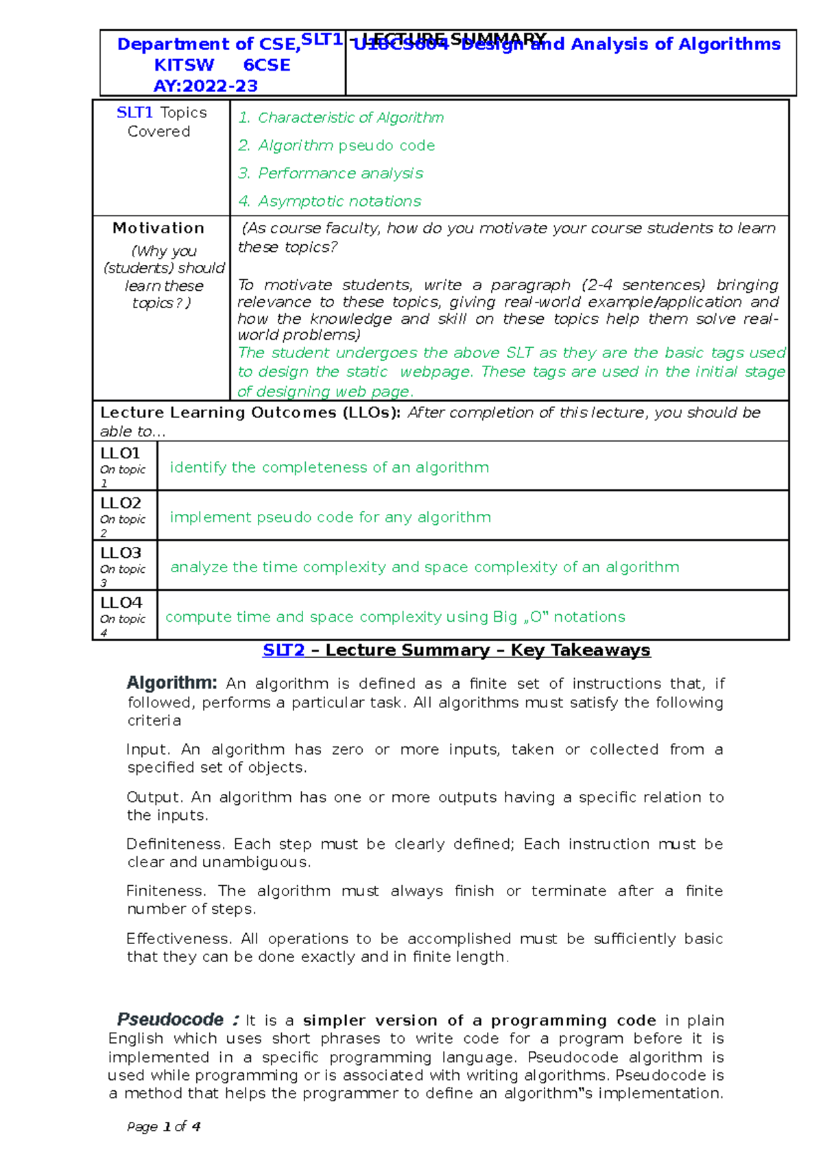 Cdtjkakkakskskbsn - SLT1 Topics Covered Characteristic of Algorithm ...
