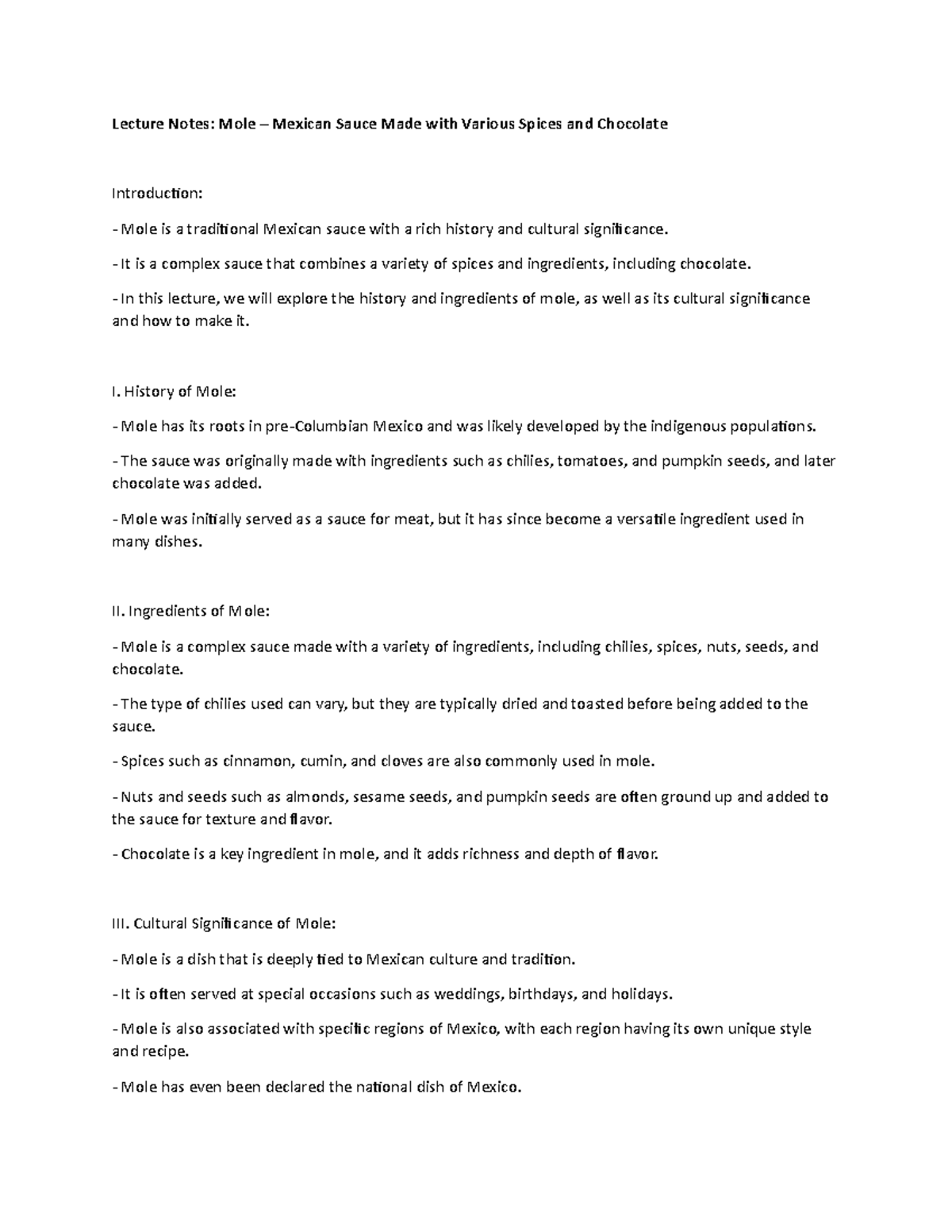 Lecture Notes Mole Mexican Sauce Made with Various Spices and Chocolate It is a complex