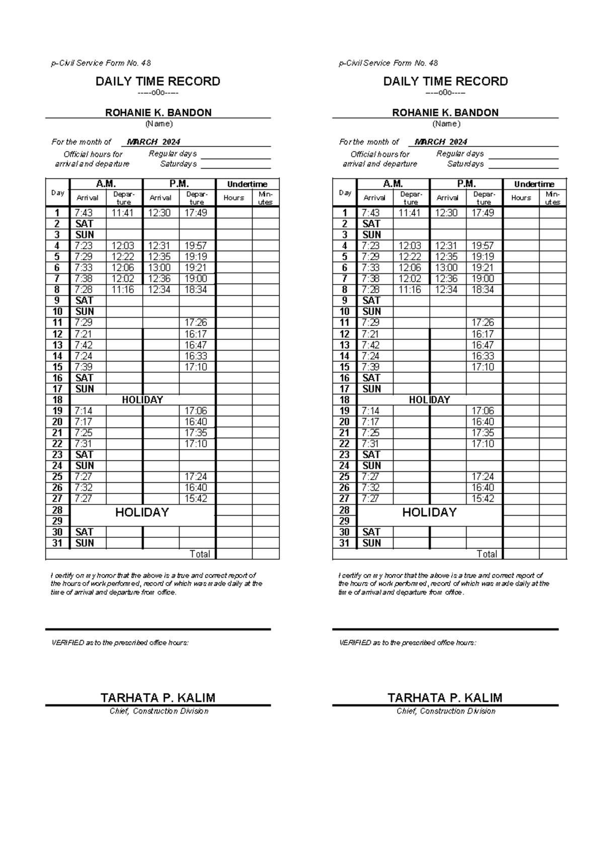 DTR - Format - law - p-Civil Service Form No. 48 DAILY TIME RECORD -o0o ...