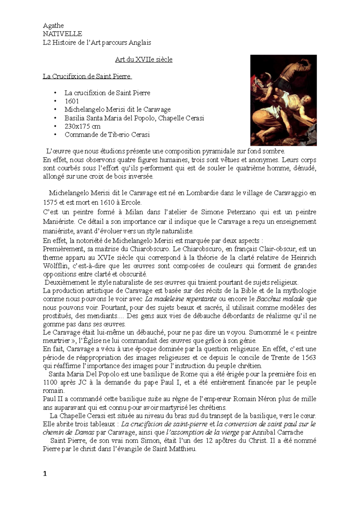 Étude d'une oeuvre de caravage - NATIVELLE L2 Histoire de l’Art ...