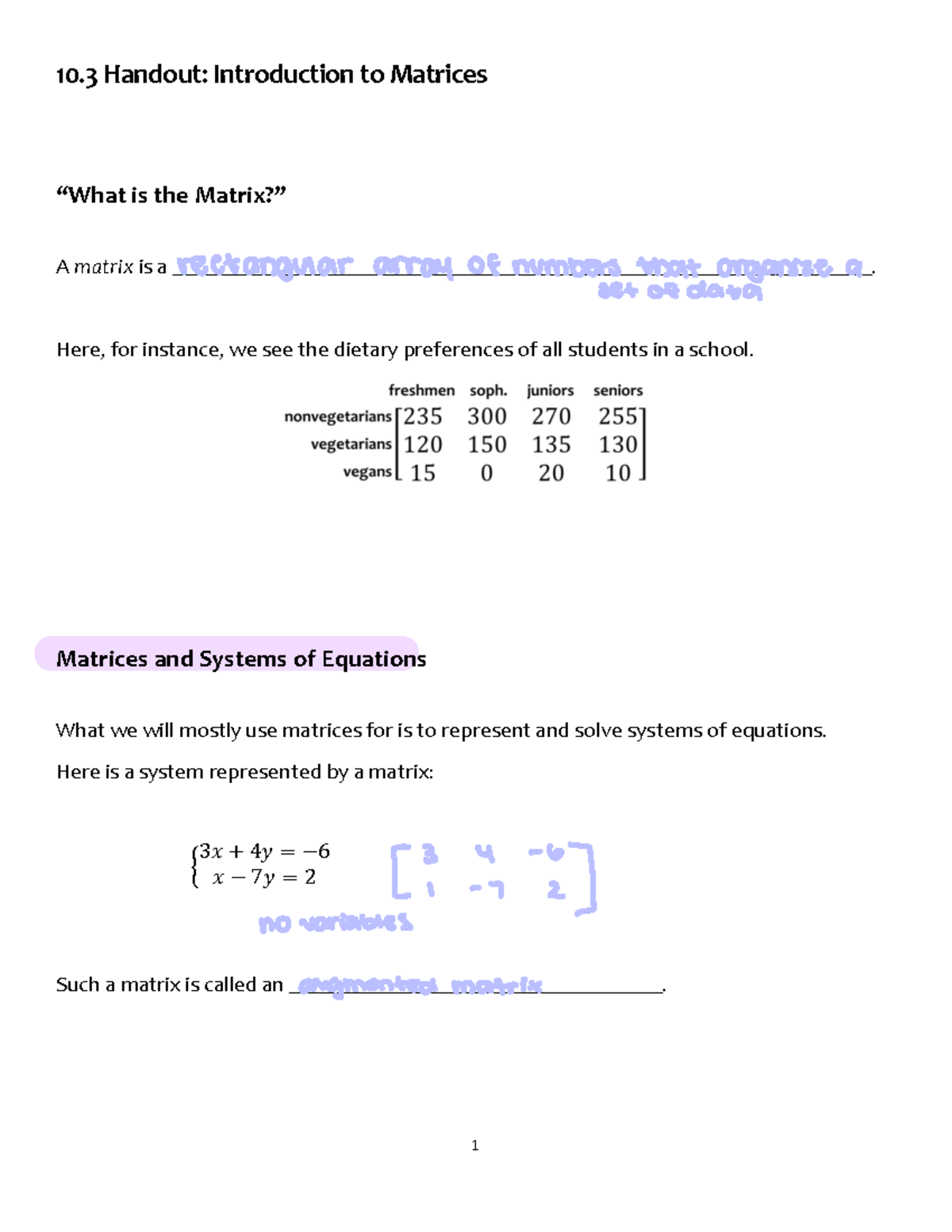 10 - Prof. Jennifer Davis - 10 Handout: Introduction to Matrices “What ...