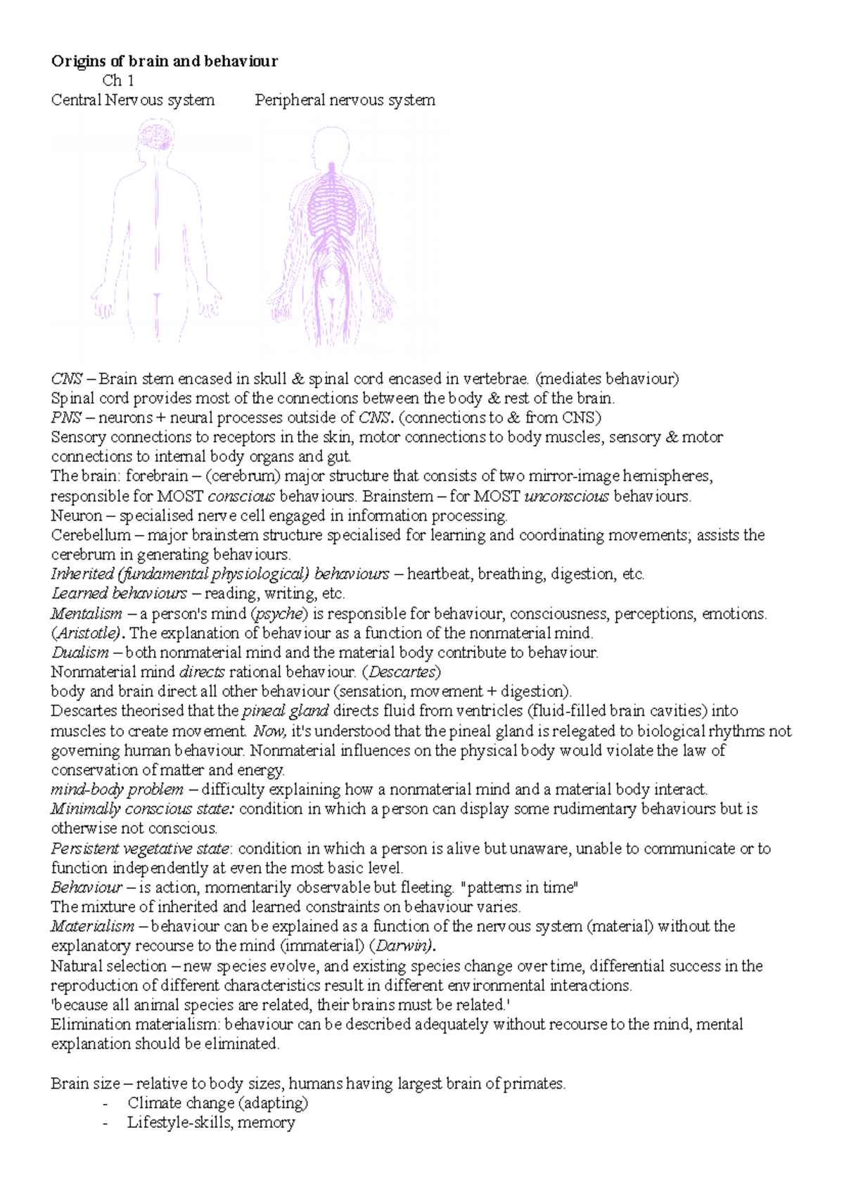 exam study notes - Origins of brain and behaviour Ch 1 Central Nervous ...