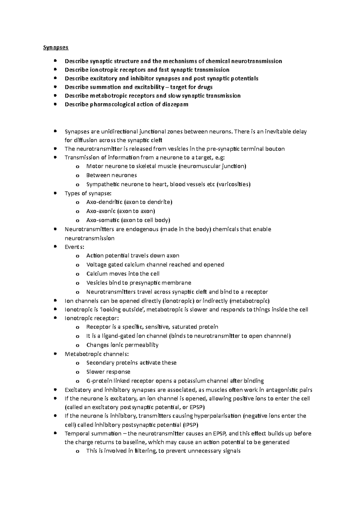 05 Synapses - Lecture notes 5 - Synapses Describe synaptic structure ...