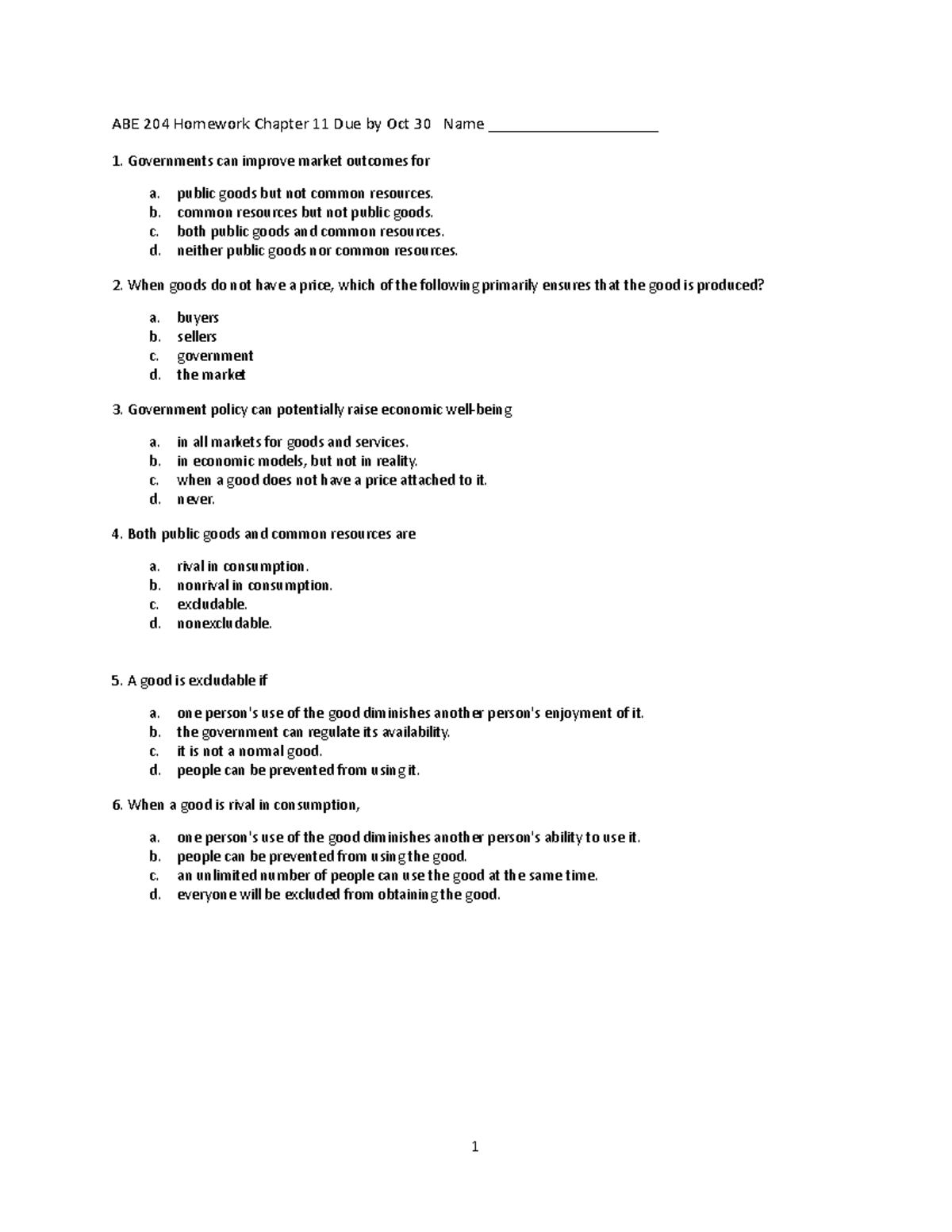 Homework Chapter 11 Public Goods And Common Resources Abe 204