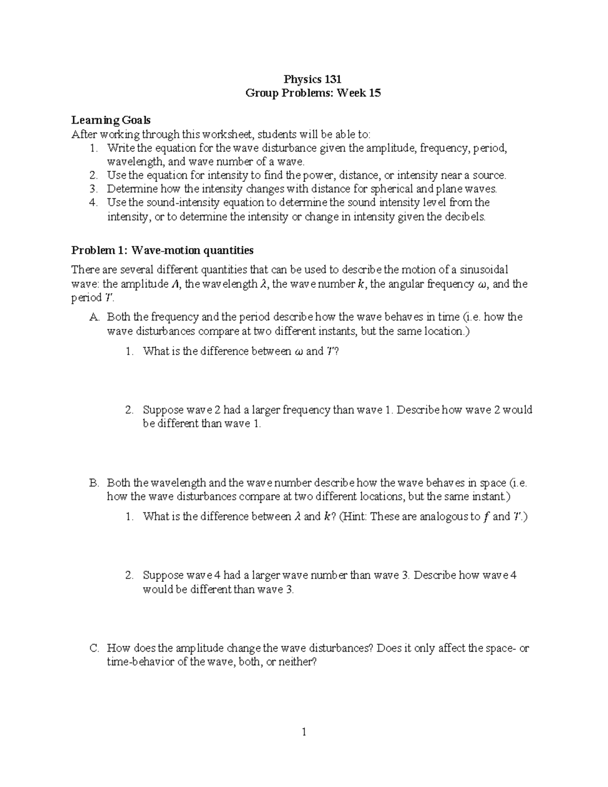 Group problems Week 15 questions without answers - Physics 131 Group ...