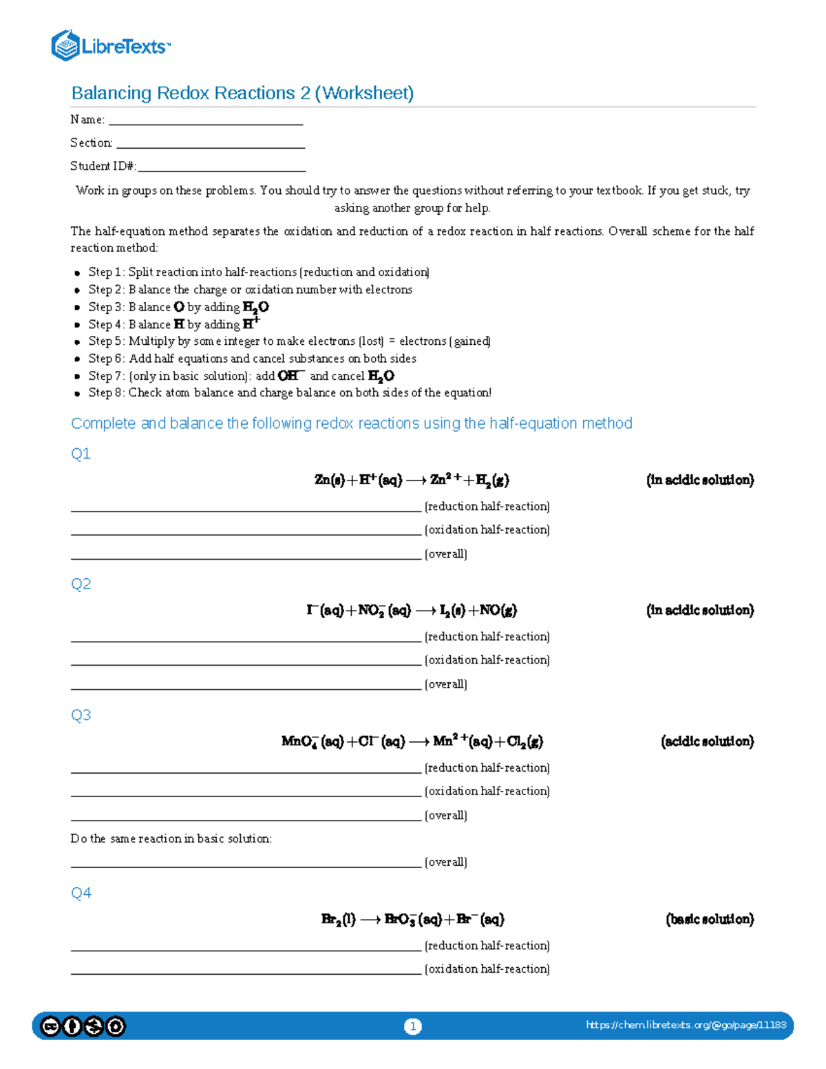 Balancing Redox Reactions 2 (Worksheet) 1 chem.libretexts/go/page/ Balancing Redox Reactions