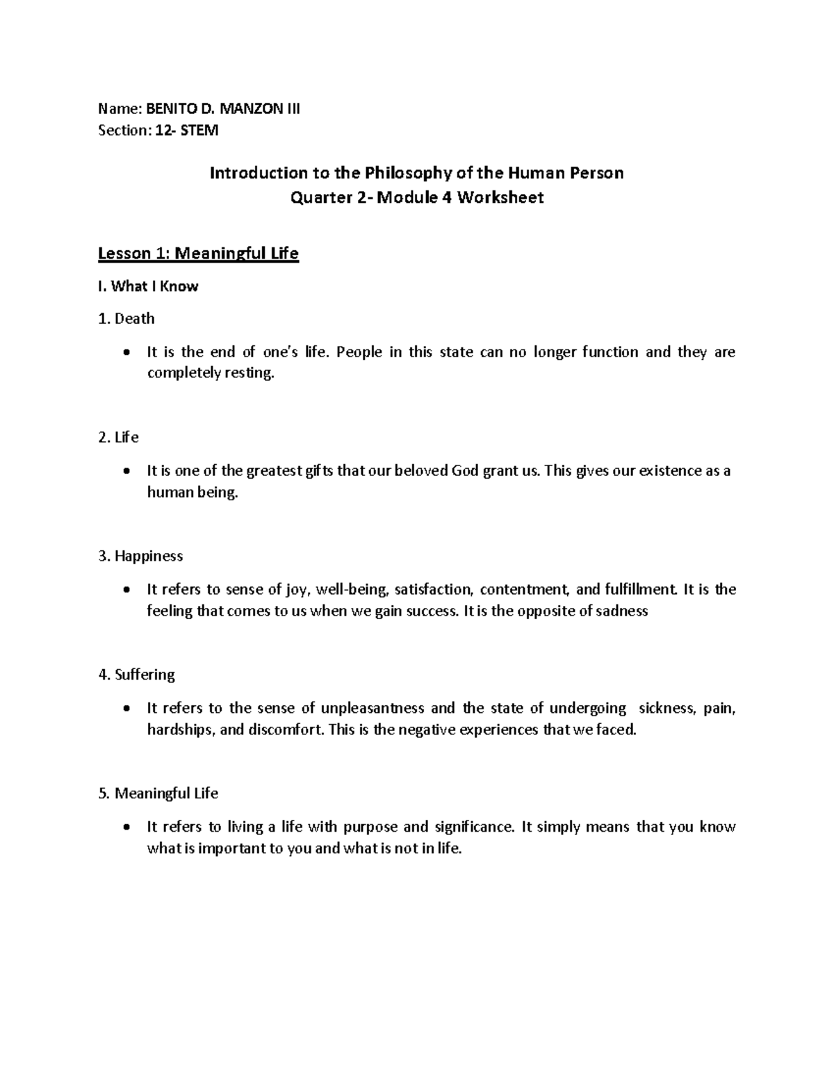 Worksheet Module- 4 Intoduction to Philosophy - Name: BENITO D. MANZON ...