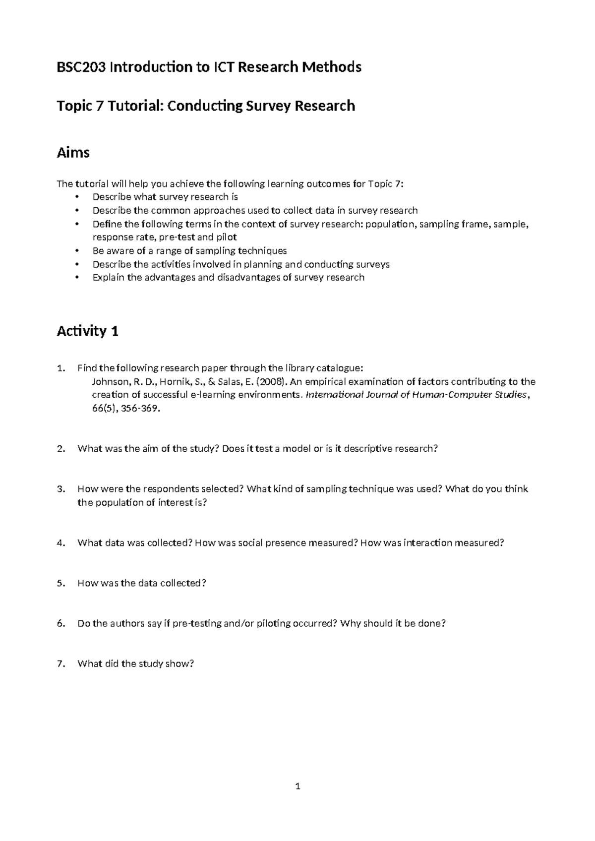 BSC203Tutorial 7 - lecture - BSC203 Introduction to ICT Research ...