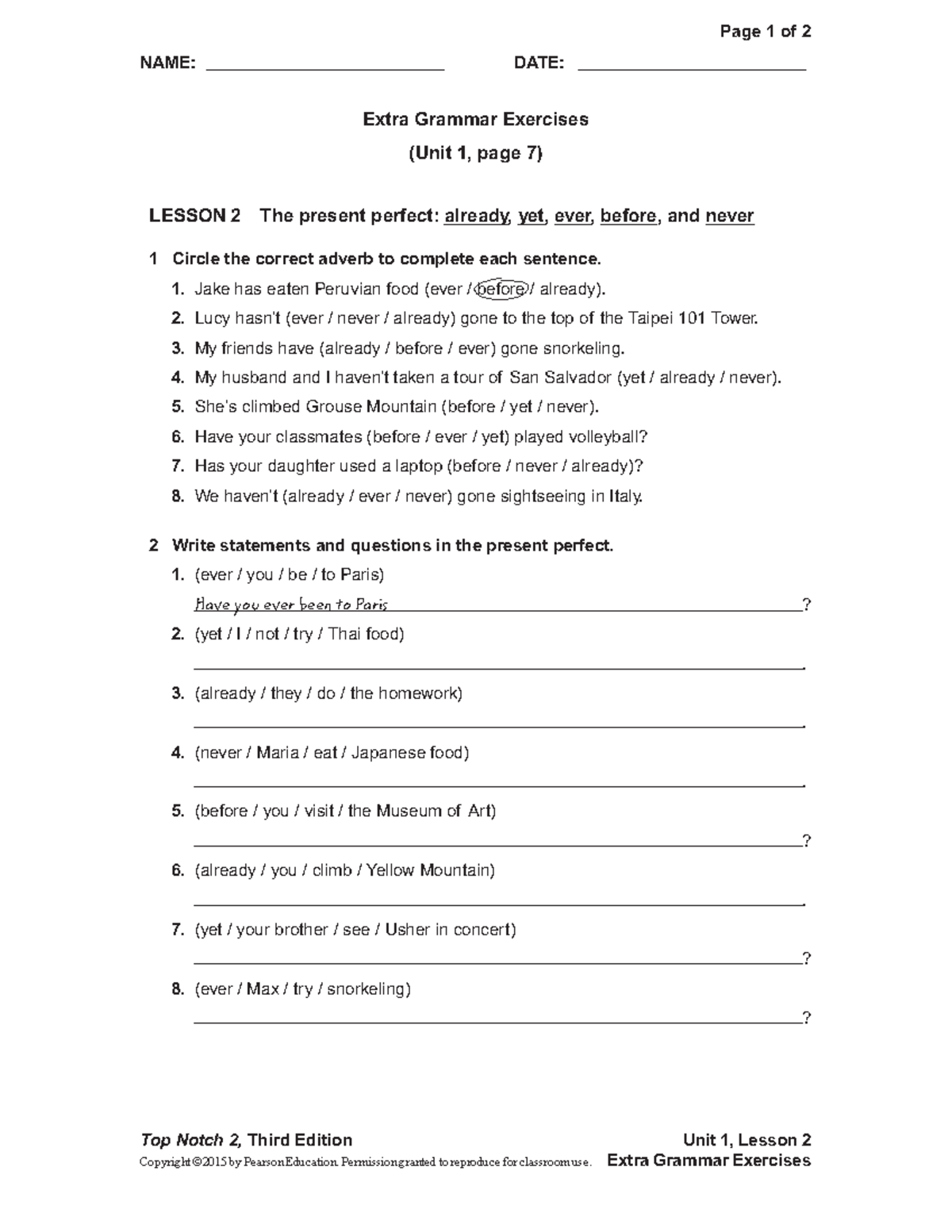 Unit 01 Extra Grammar Exercises lesson 2 3rd - NAME ...