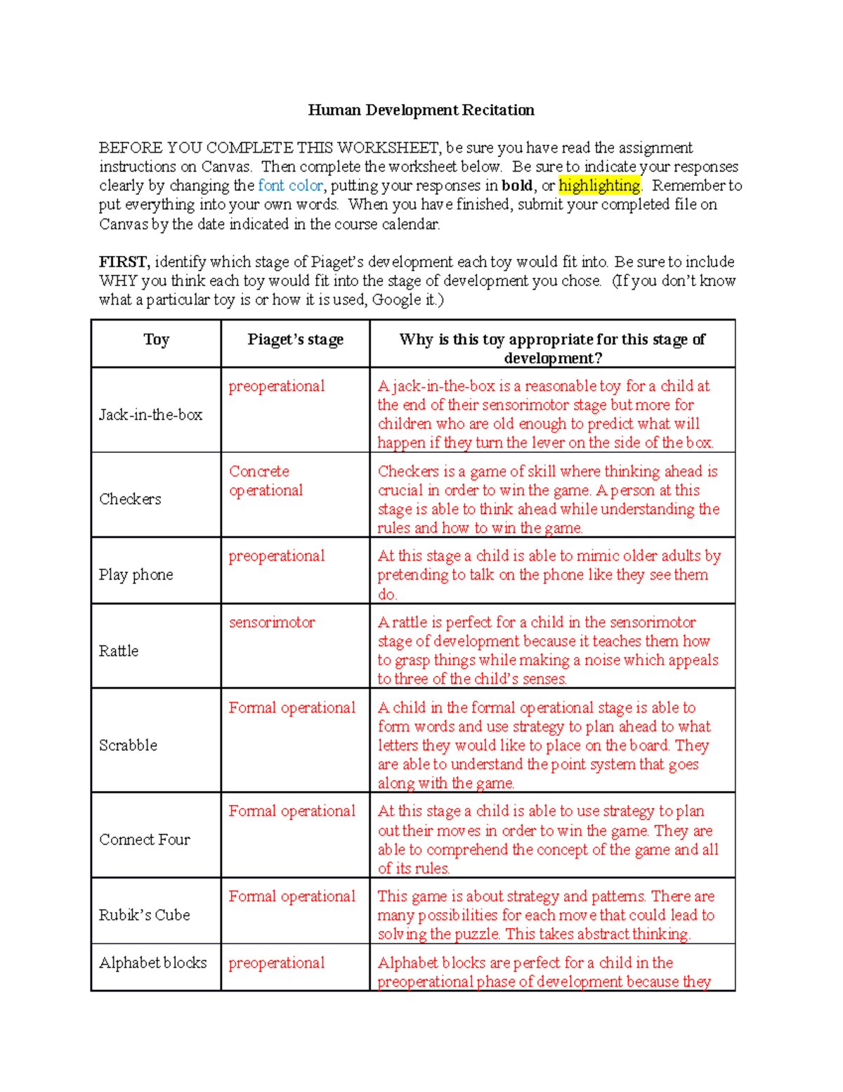 Recitation Week 7 child development-1 - Human Development Recitation BEFORE  YOU COMPLETE THIS - Studocu