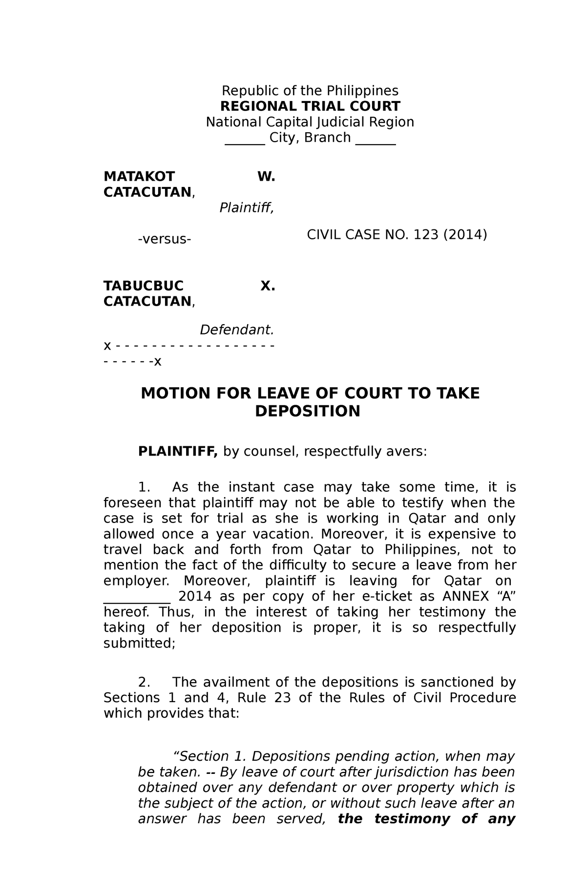 Retype Motion for Leave of Court to take Deposition Republic of the