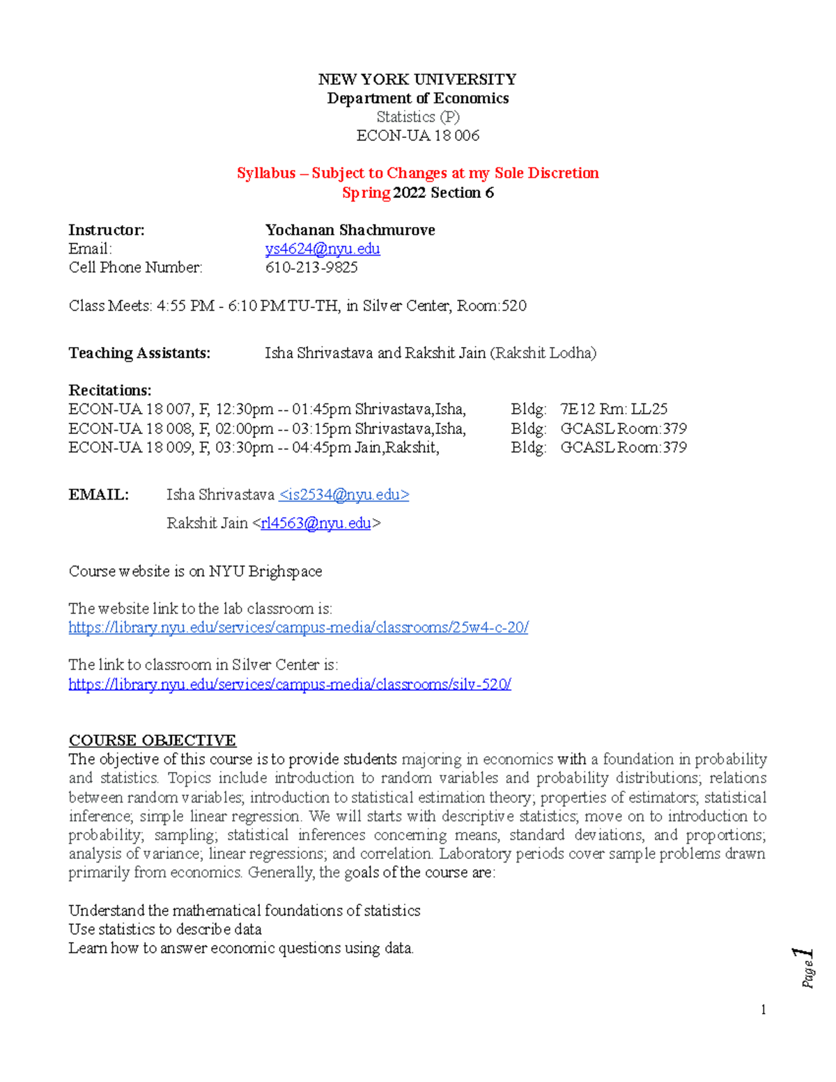 2022-01-25 Short Syllabus Spring 2022, Yochanan Statistics ECON-UA 18 ...