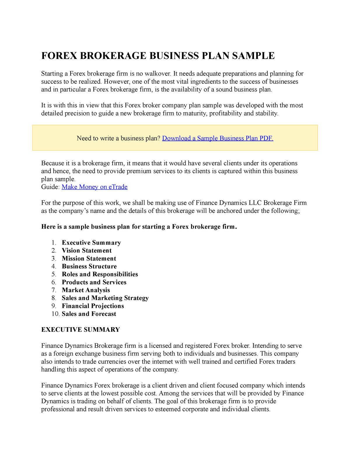 forex broker business plan sample