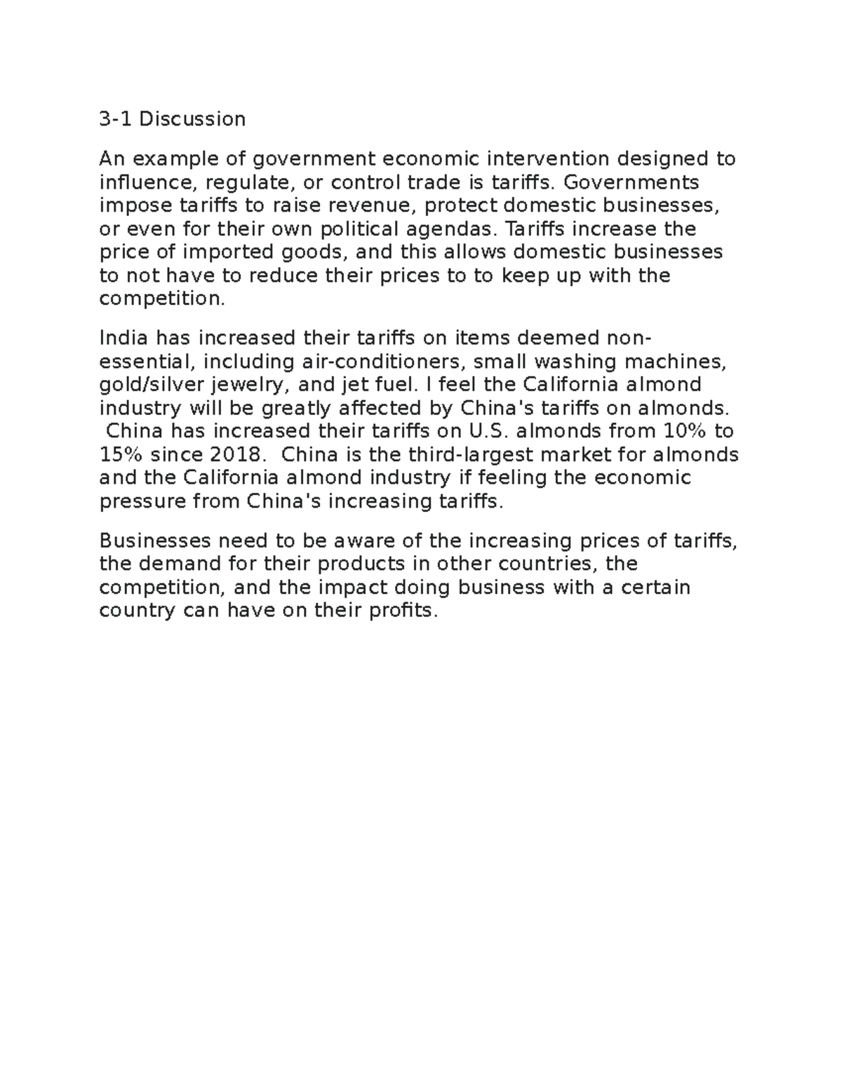 3-1 Discussion - Governments impose tariffs to raise revenue, protect ...