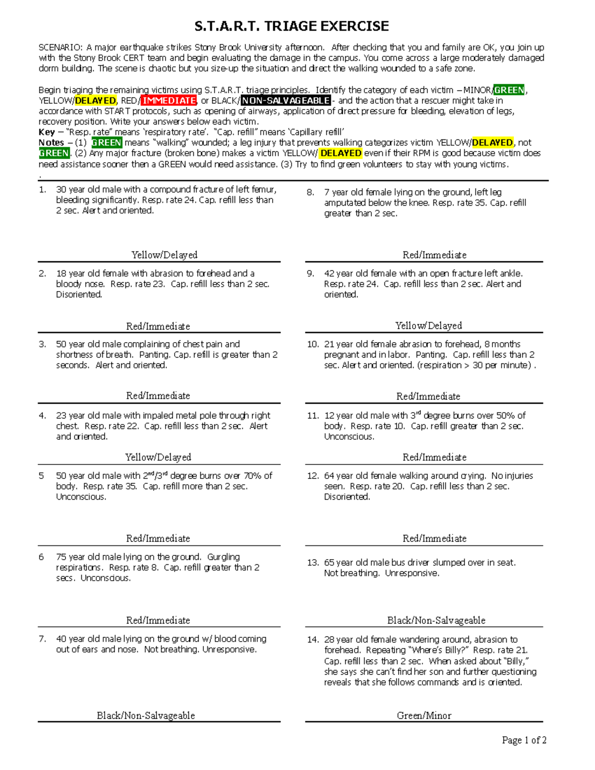 Start Worksheet- HAN 472 - Page 1 of 2 S.T.A.R. TRIAGE EXERCISE ...