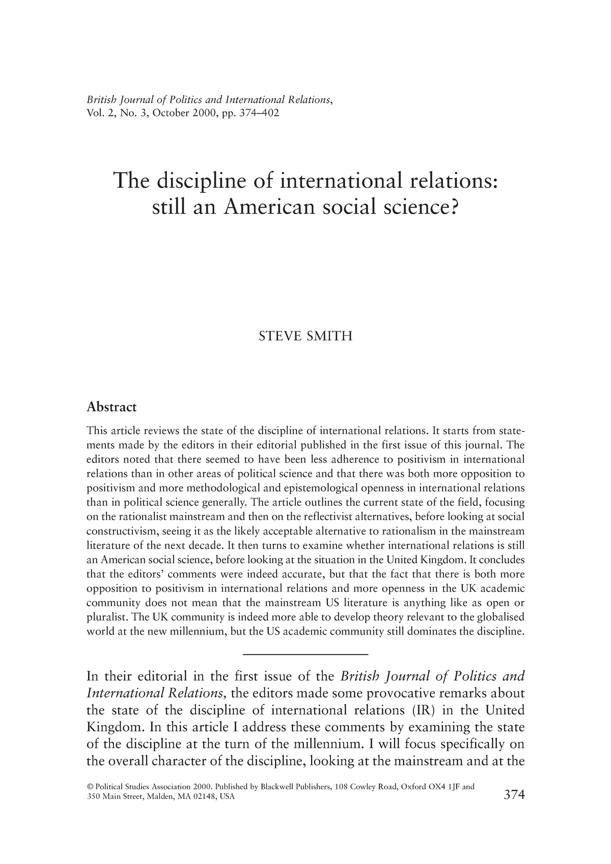 Smith 2000 The discipline of IR - British Journal of Politics and ...