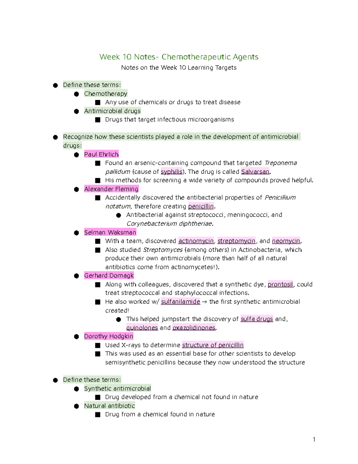 Week 10 Notes- Chemotherapeutic Agents - Week 10 Notes ...