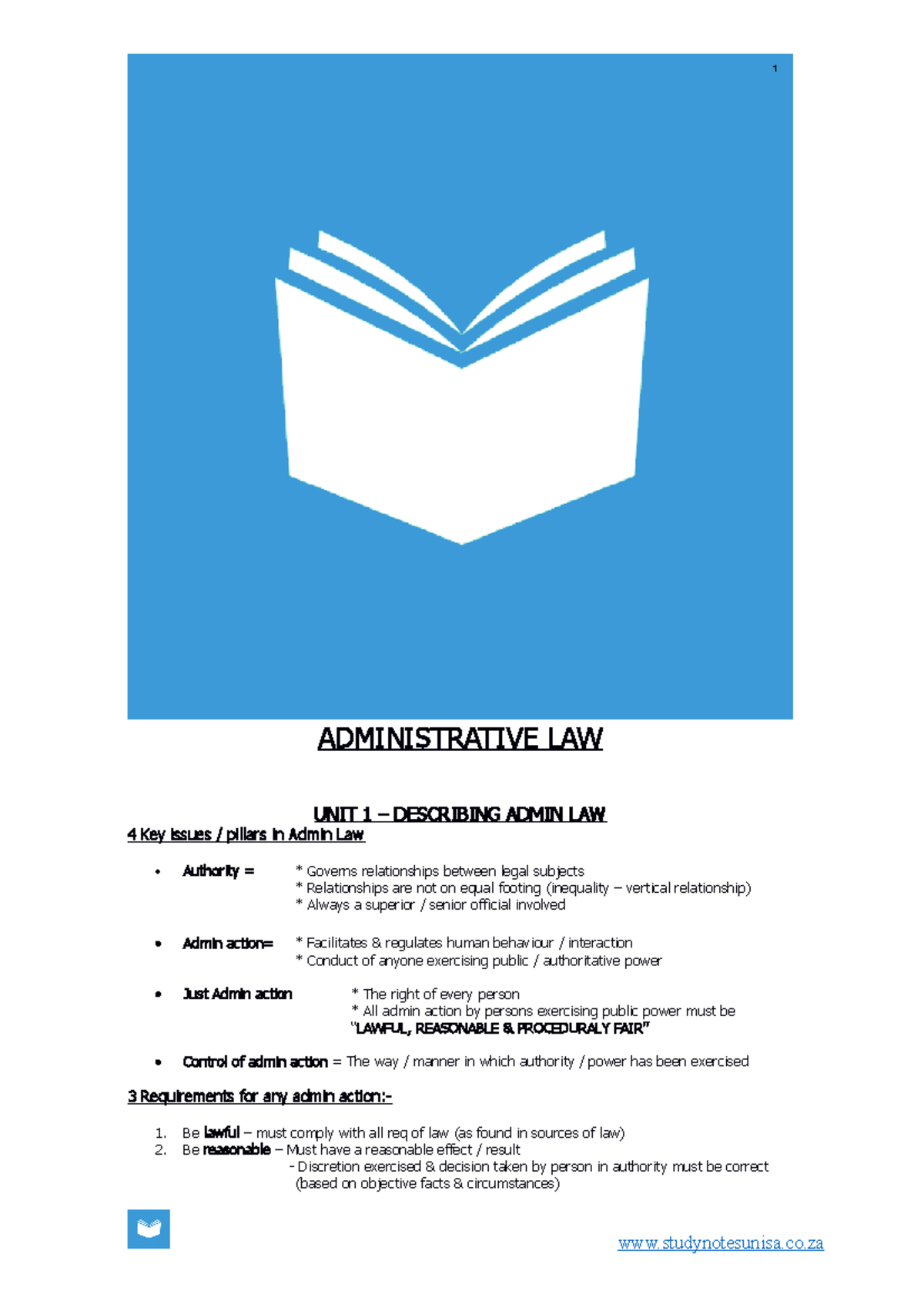 Summary Notes - ADMINISTRATIVE LAW UNIT 1 – DESCRIBING ADMIN LAW 4 Key ...