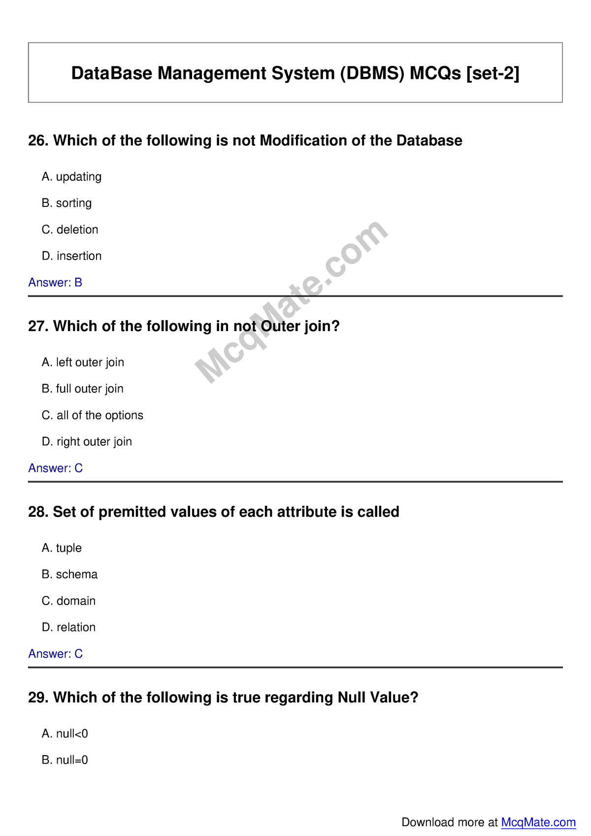 Database-management-system Solved MCQs [set-2] Mcq Mate.com - DataBase ...