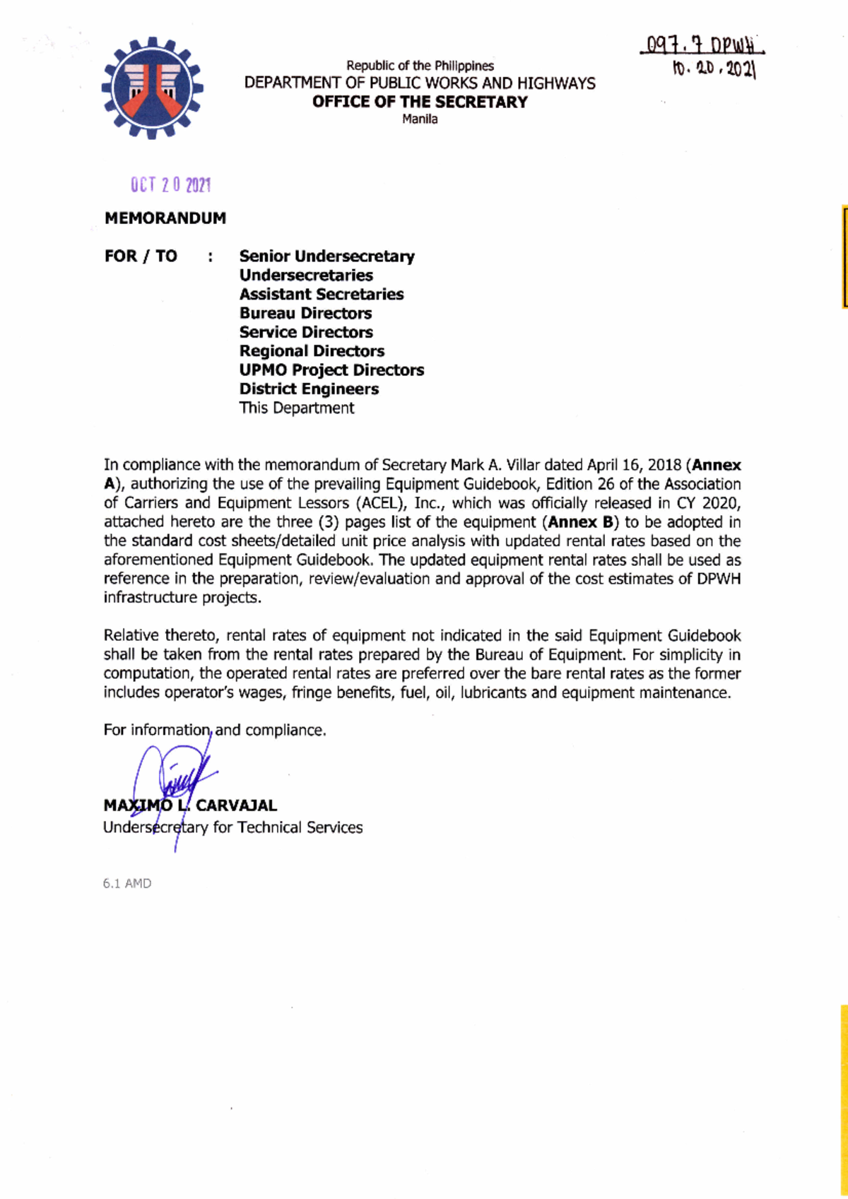 Memo 097.7 102021 Authorizing the use of the prevailing Equipment