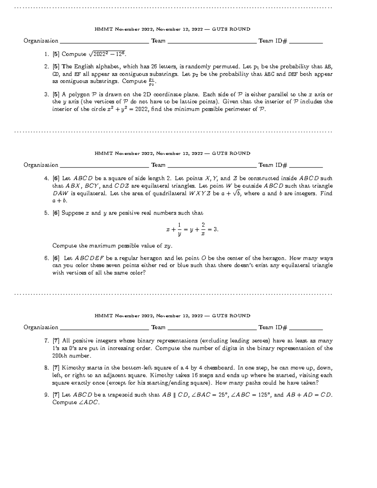 Problems - HMMT November 2022, November 12, 2022 — GUTS ROUND ...