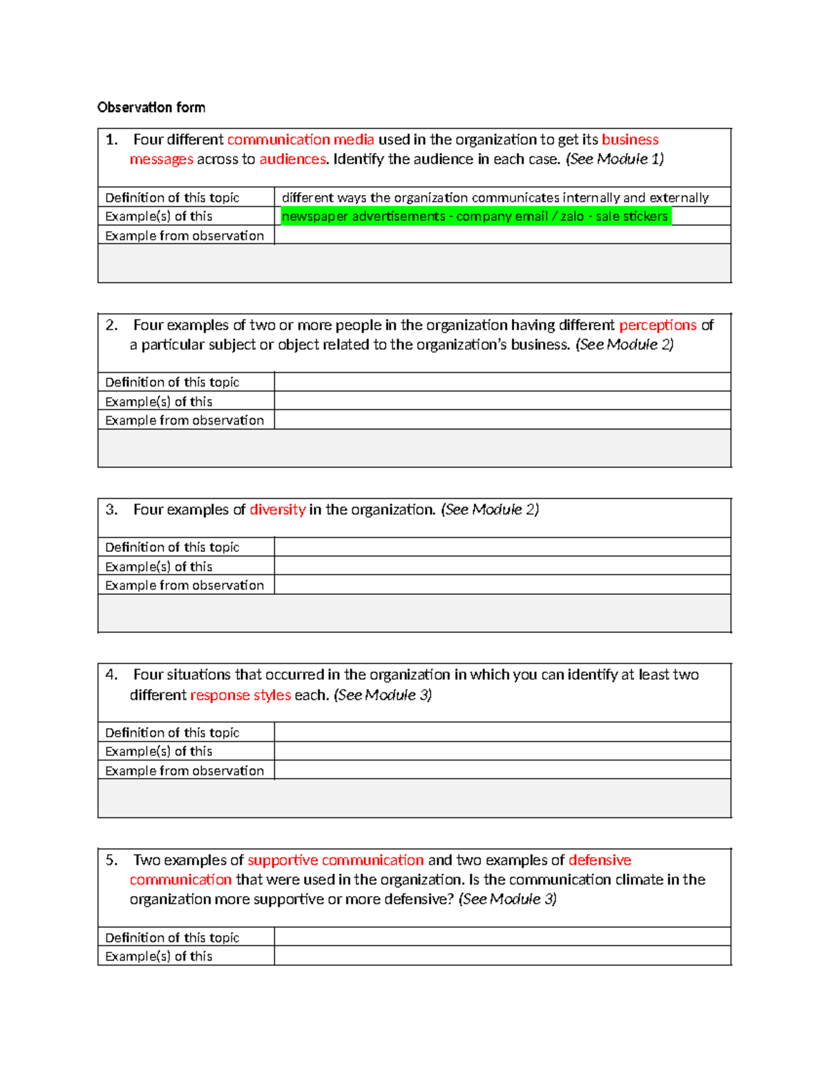 Team project Observation form Student handout - Observation form 1 ...