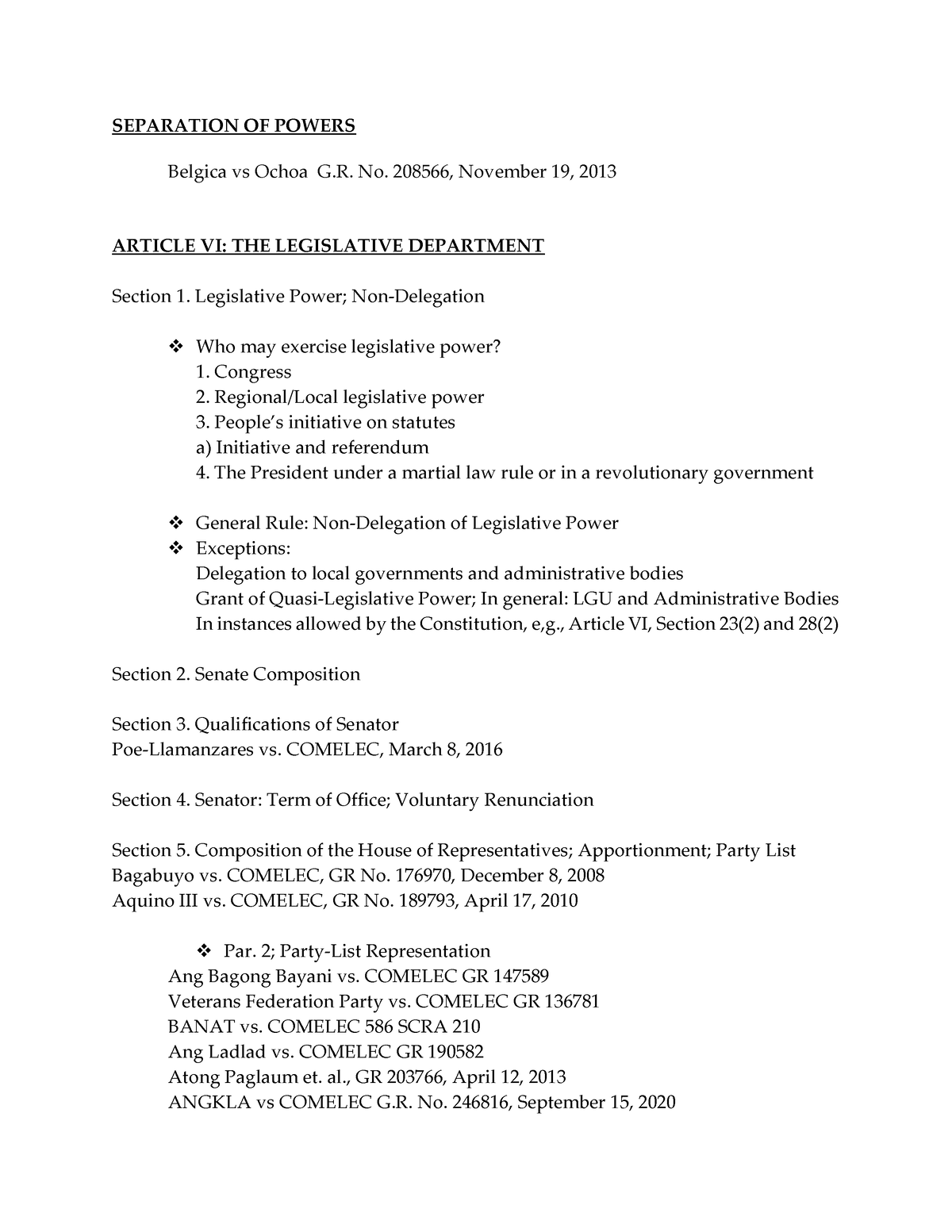 Constitutional Law I Legislative Department - SEPARATION OF POWERS ...