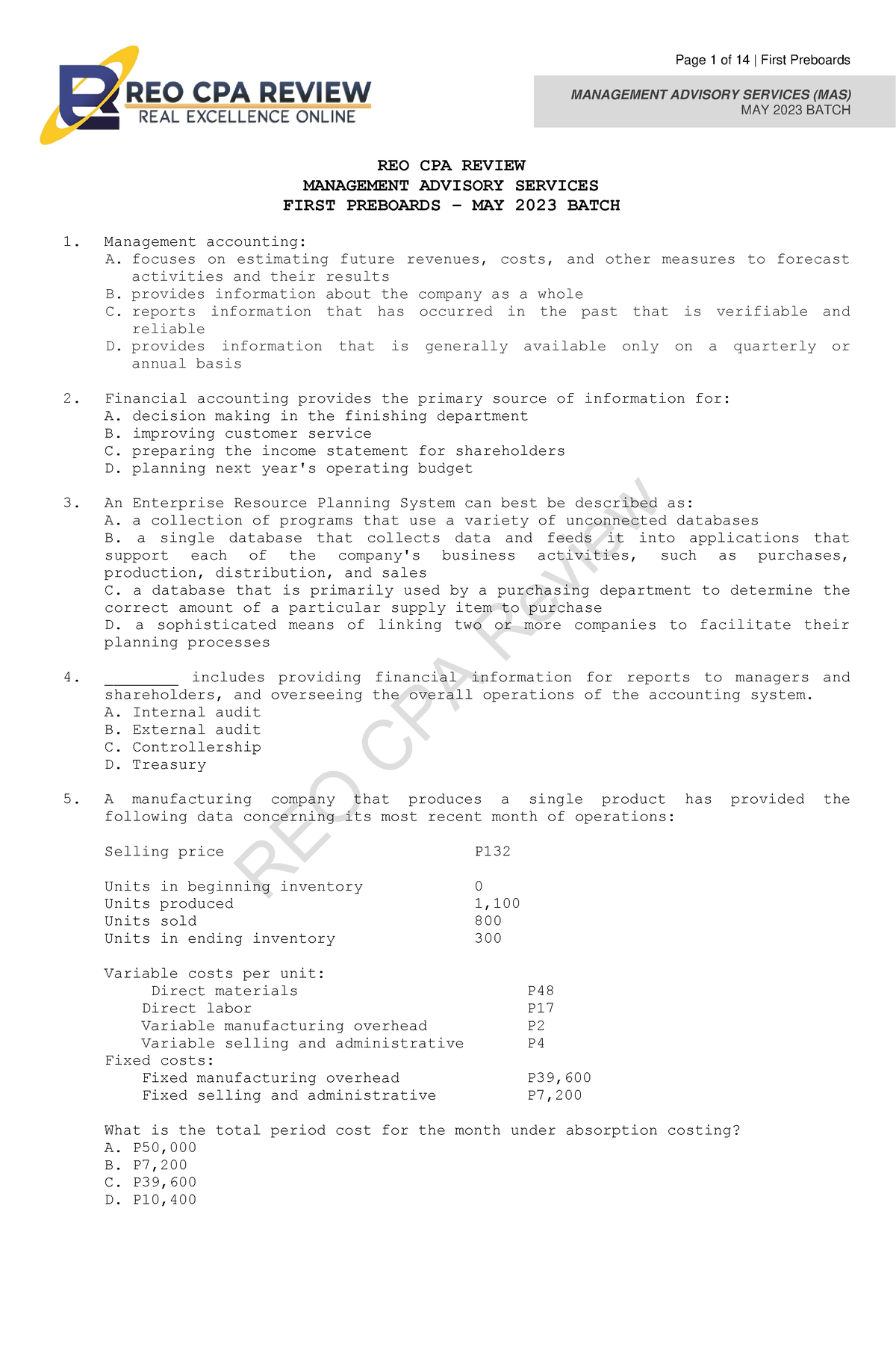 MAS - 1st Preboard Examination - REO CPA Review MANAGEMENT ADVISORY ...