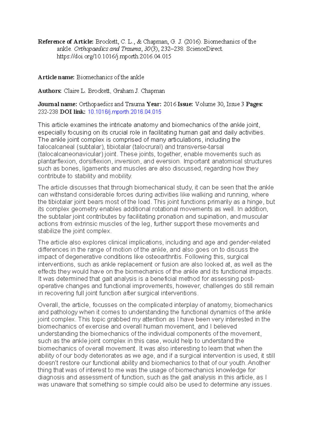 BIOL Assignment 1 - Reference of Article: Brockett, C. L., & Chapman, G ...