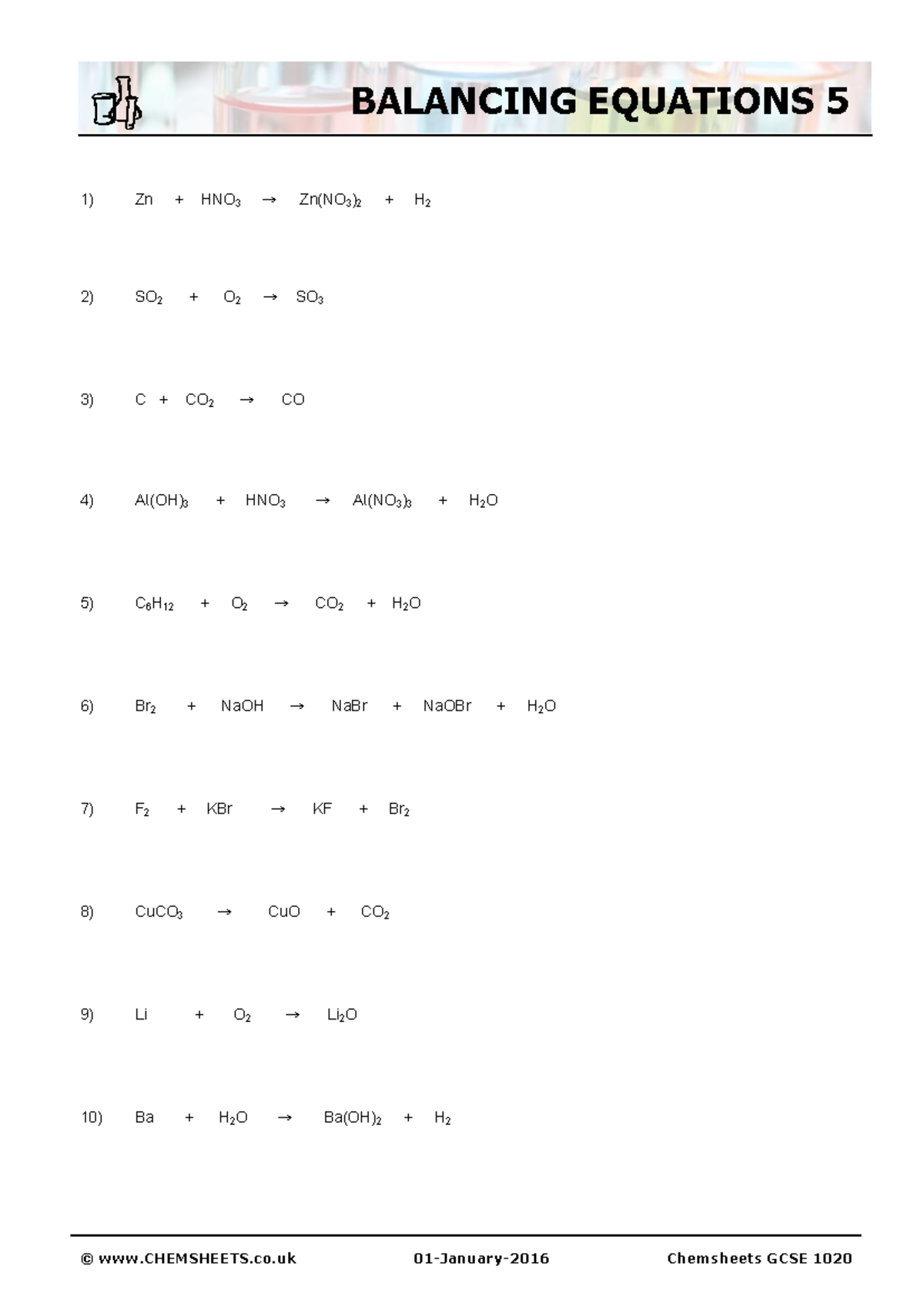 Chemsheets GCSE 1020 Balancing Equations 5 - LAW1030 - © CHEMSHEETS.co ...