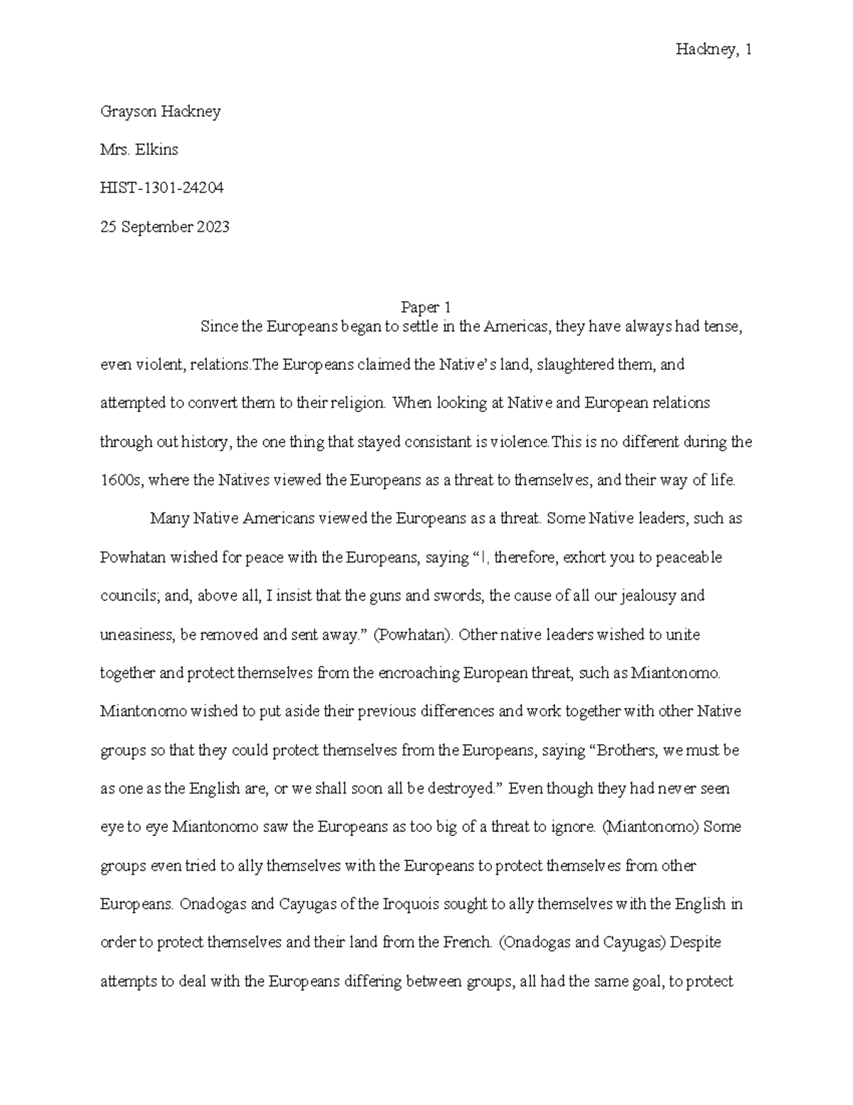 Paper 1 - Hackney, 1 Grayson Hackney Mrs. Elkins HIST-1301- 25 ...