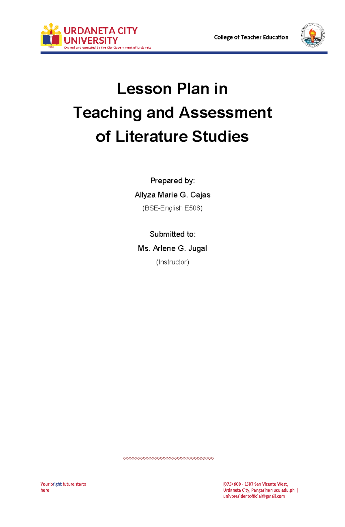 TALS Detailed Lesson PLAN 1 - UNIVERSITY ####### Owned and operated by ...