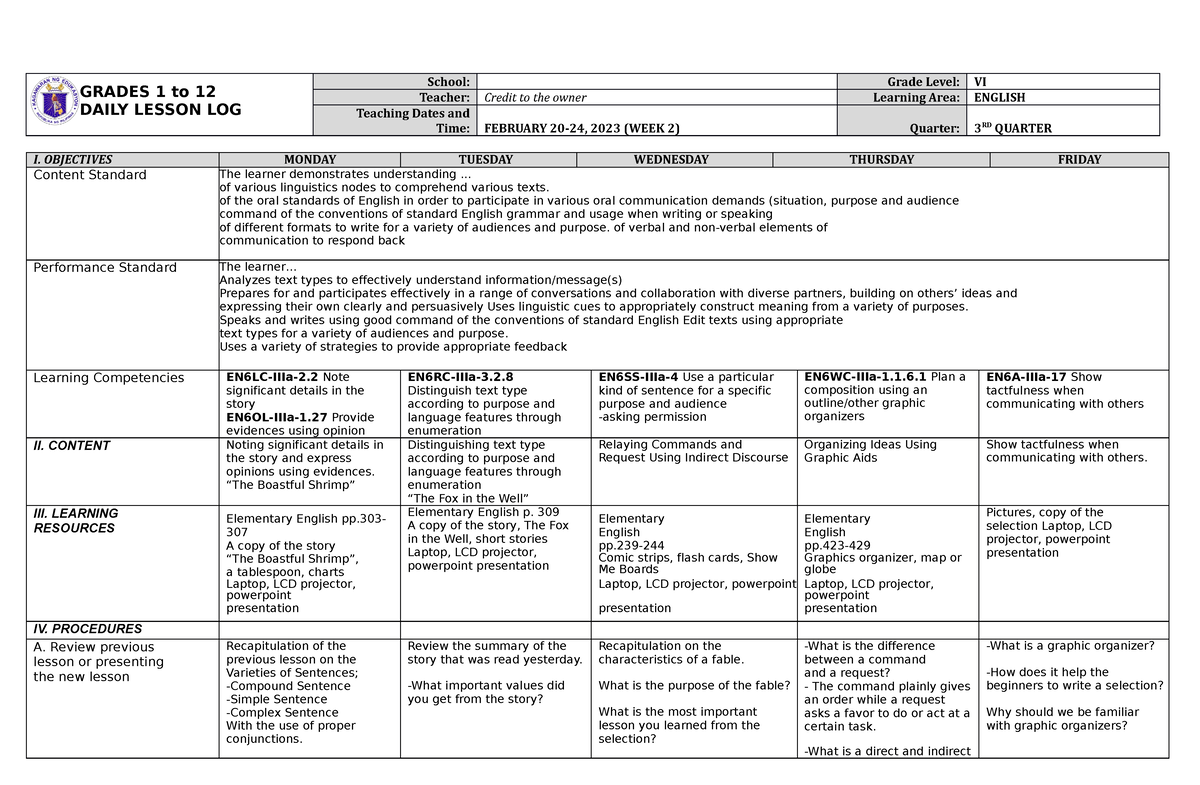 DLL English 6 Q3 W2 - GRADES 1 to 12 DAILY LESSON LOG School: Grade ...