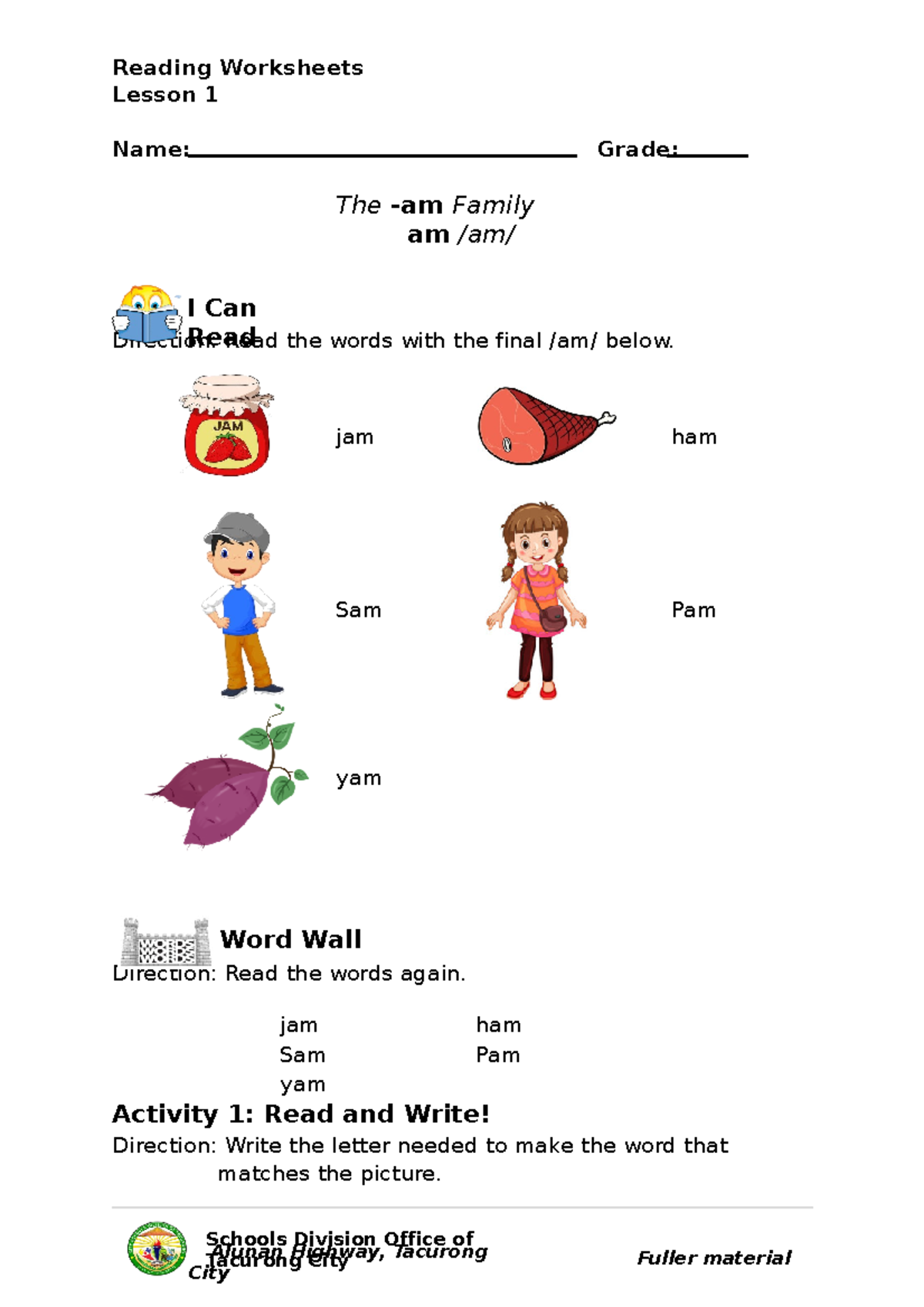 -am Family Worksheet - This can be used for practicing reading across