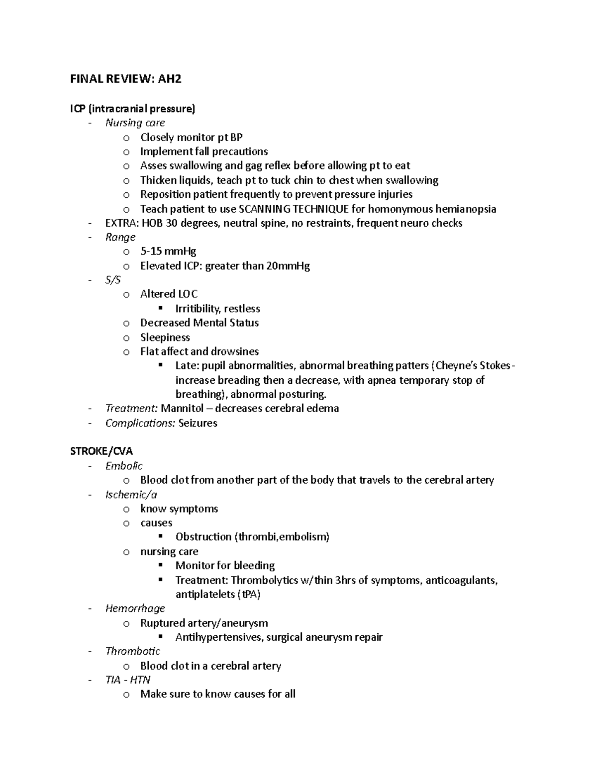 Final Review 1 - FINAL REVIEW: AH ICP (intracranial pressure) - Nursing ...