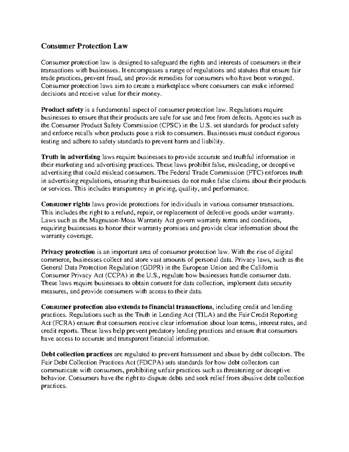 Consumer protection law is designed to safeguard the rights and ...
