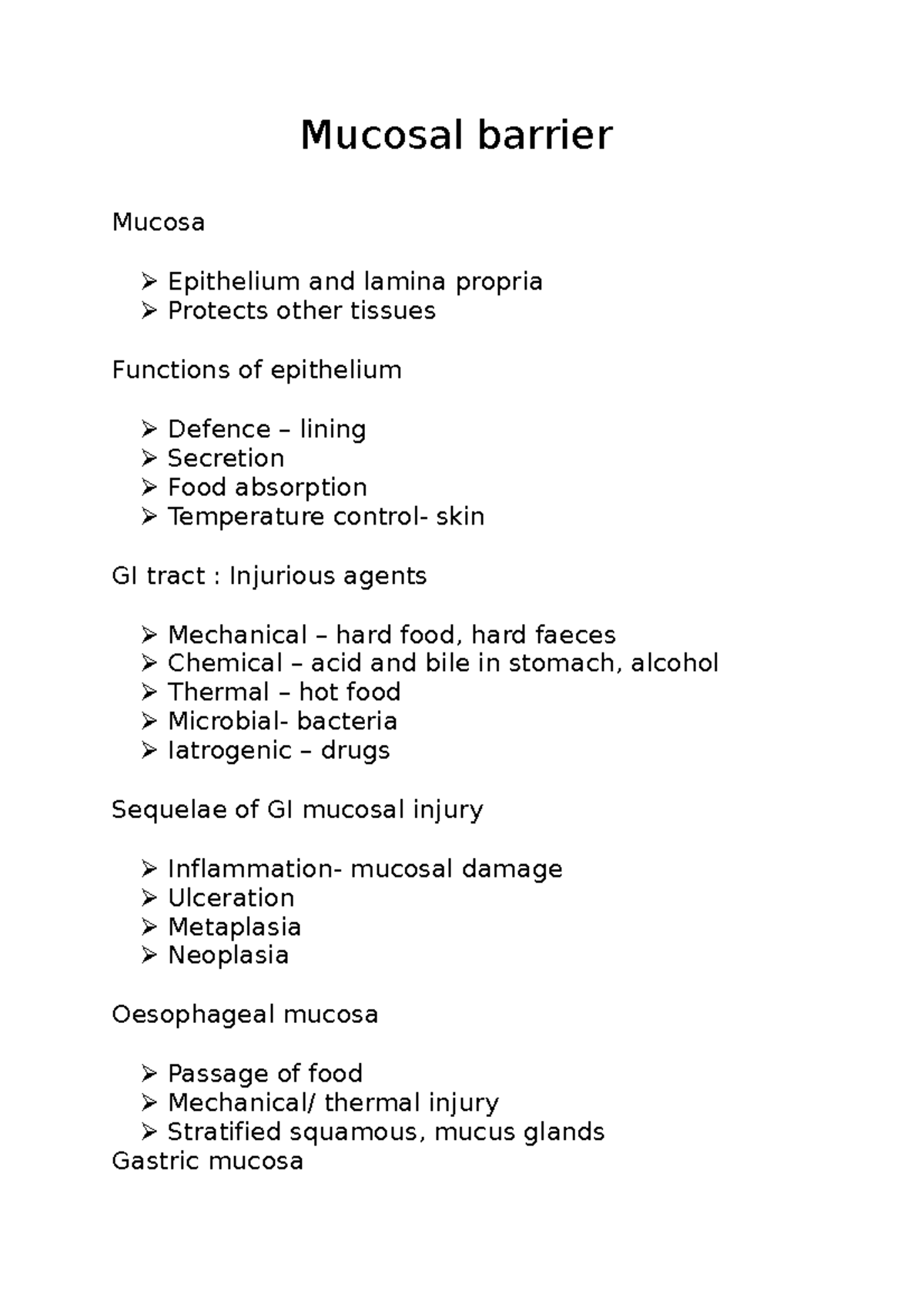 Mucosal barrier - 2nd year GI summary - Mucosal barrier Mucosa ...