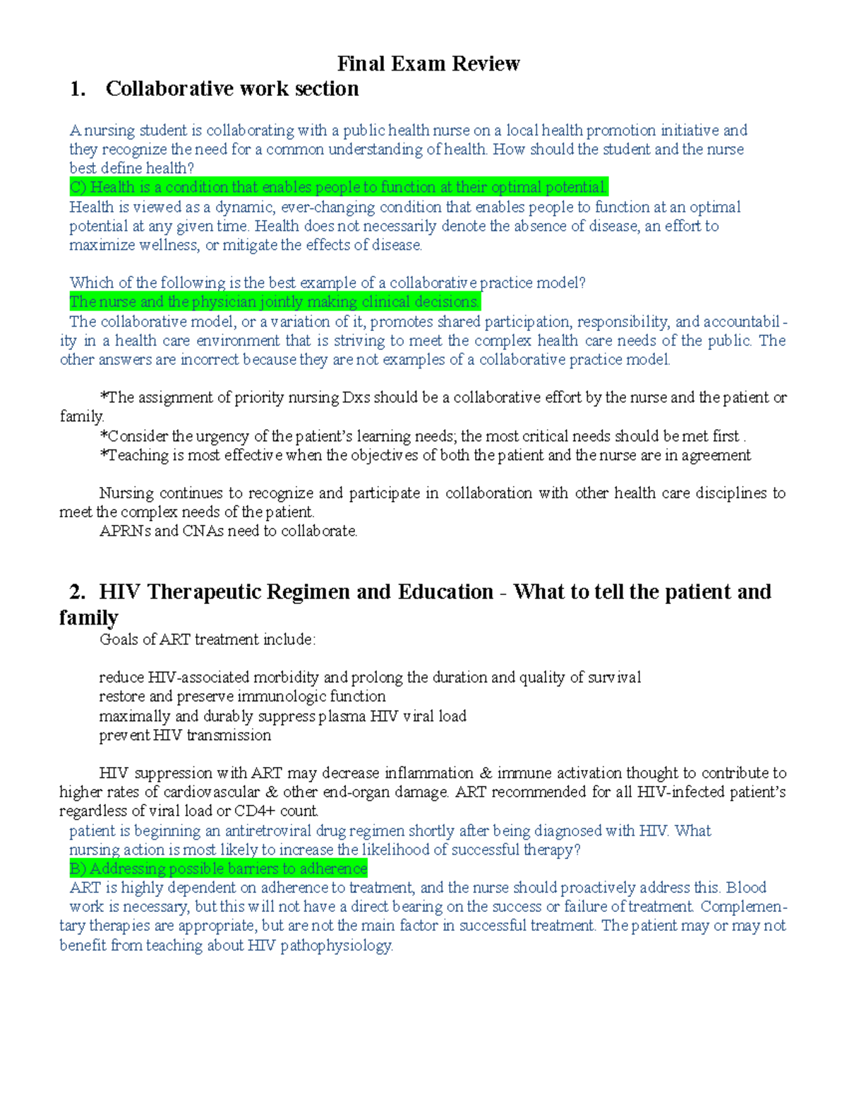 MAIN Final Exam Review Med Surg - Final Exam Review 1. Collaborative ...