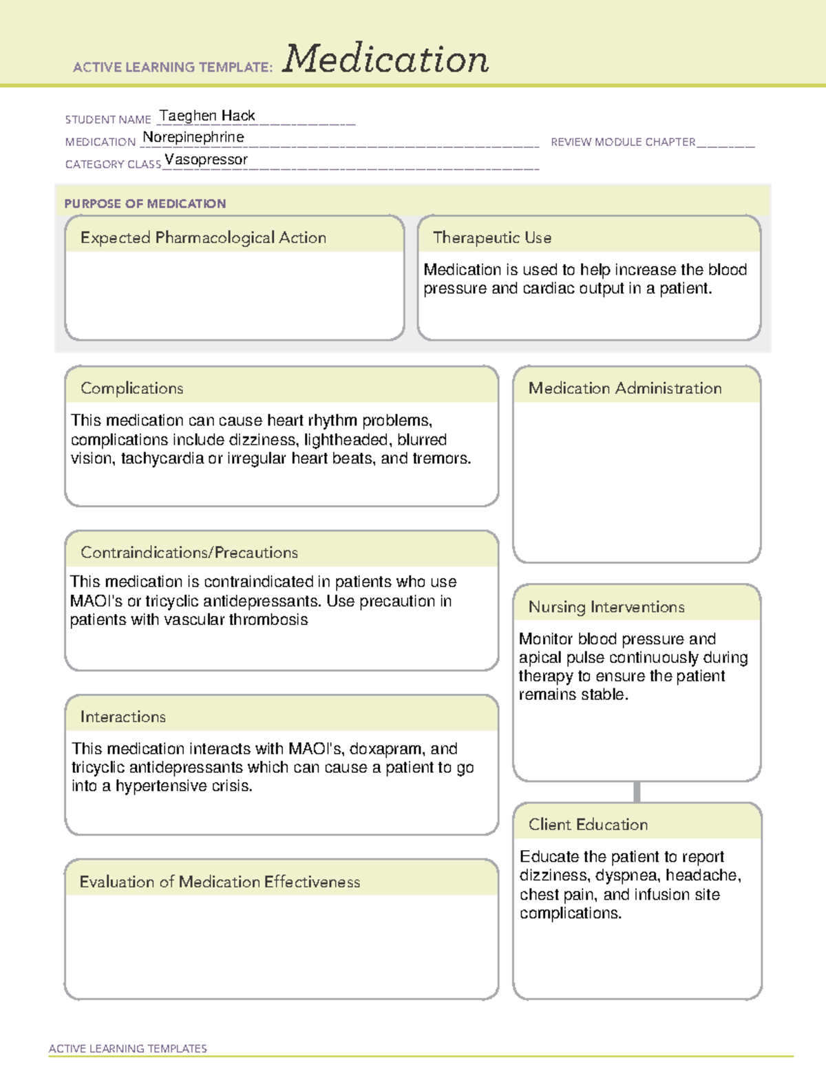 Norepinephrine - X - medication card - ACTIVE LEARNING TEMPLATES ...