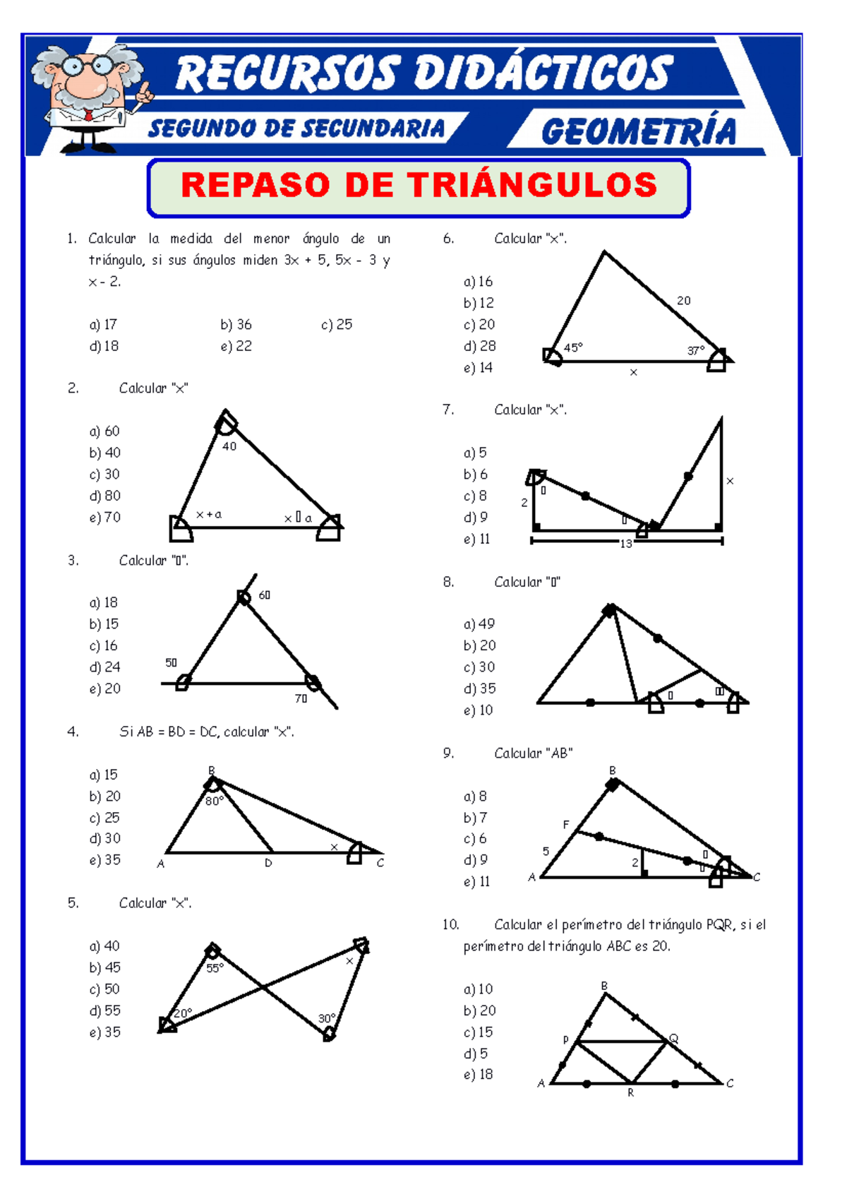 Triangulos Ejercicios Para Segundo De Secundaria Recursosdidacticos 1 Calcular La Medida Del 7907