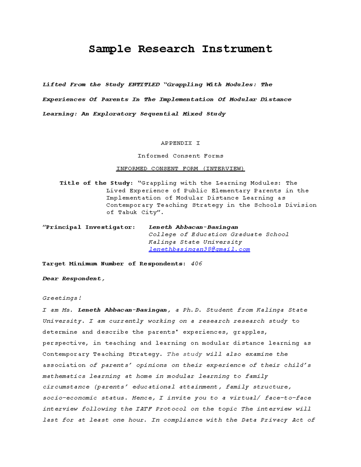 Sample Research Intrument Sample Research Instrument Lifted From