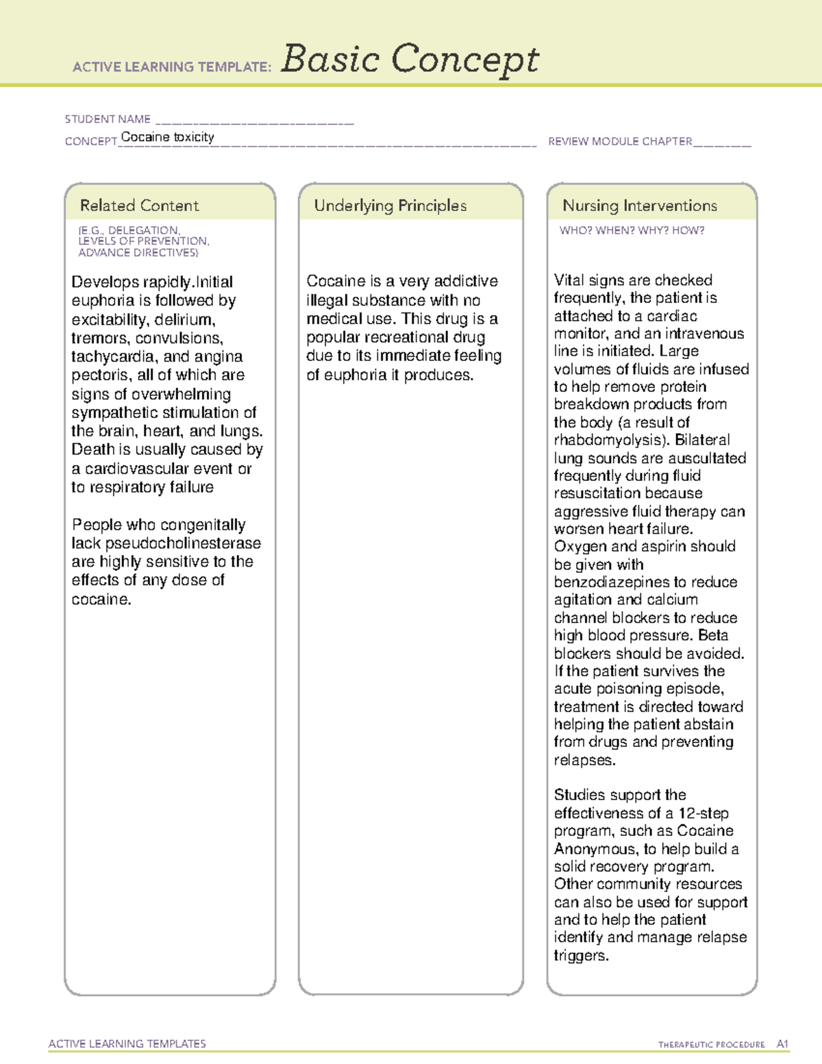 Active Learning Template Basic Concept- cocaine toxicity - NUR 136 ...