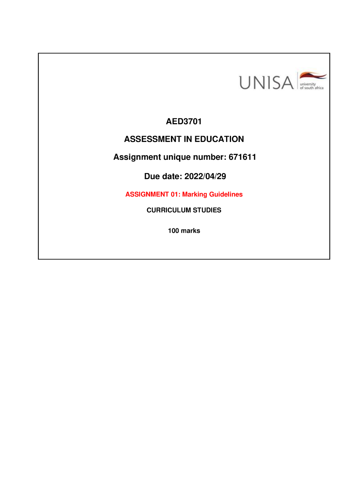 AED3701 2022 Assignment No-1 Marking Guidelines - AED ASSESSMENT IN ...