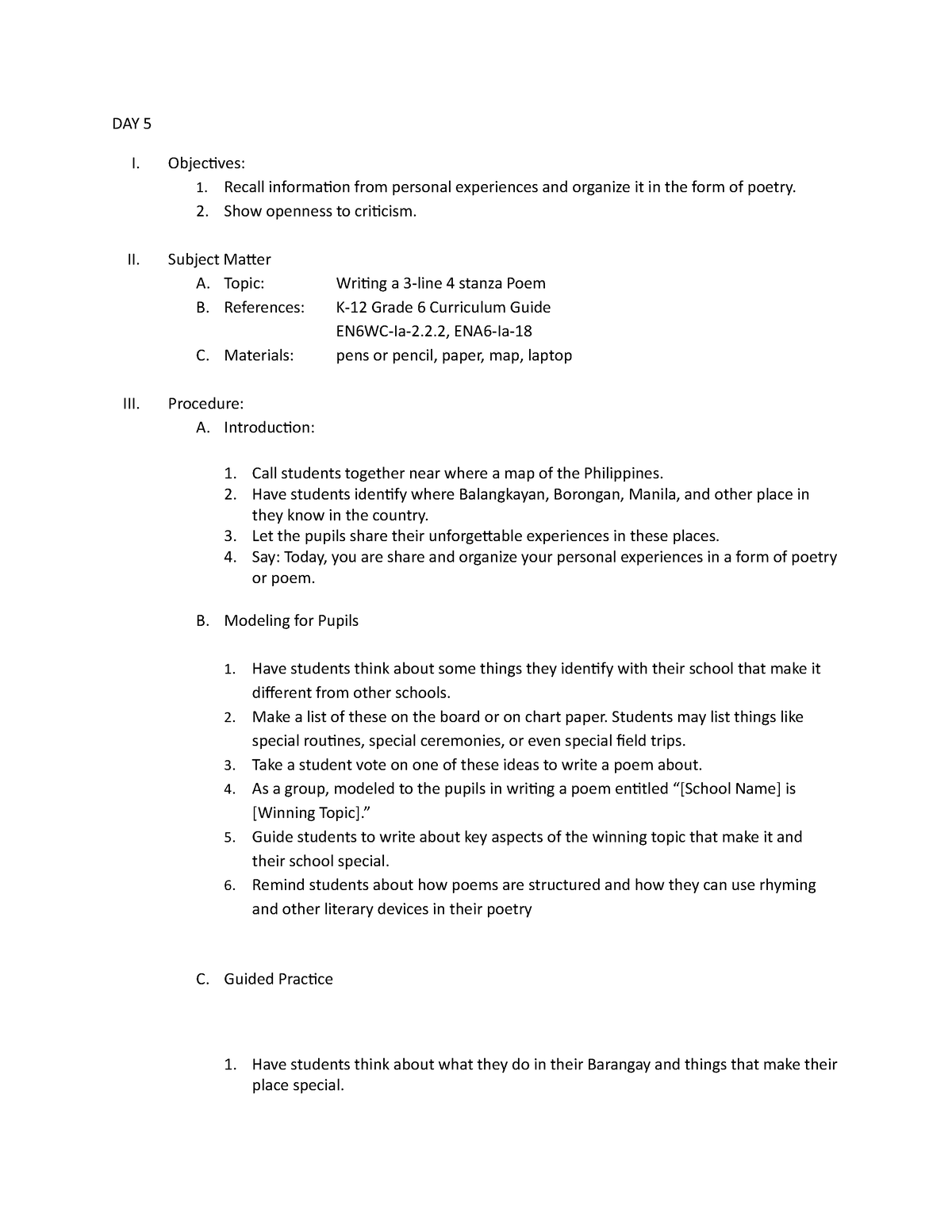 Day 5 This Is A Lesson Plan In English Grade 6 Lesson Plan Quarter 1 Day 5 Day 5 I 4719