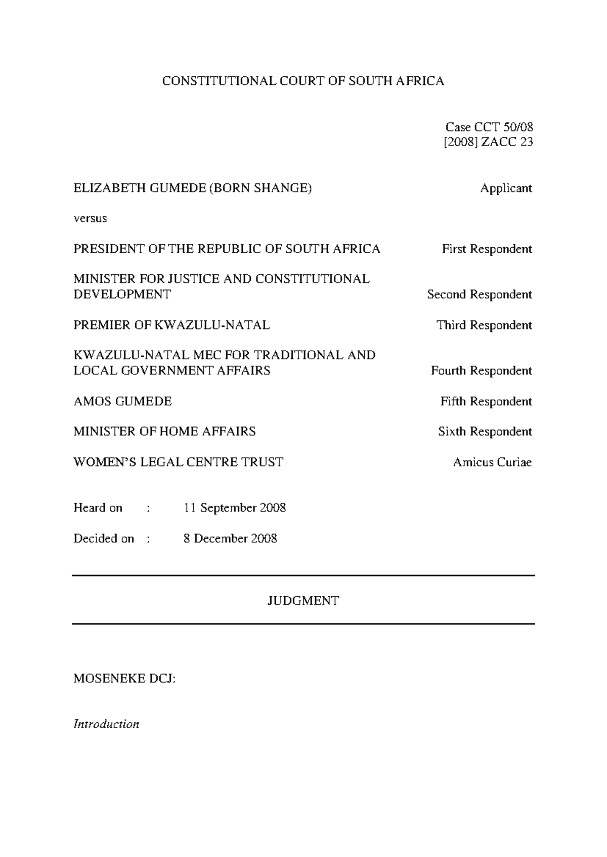 Gumede v President of SA case CCT 508 (2008 ) ZACC CONSTITUTIONAL